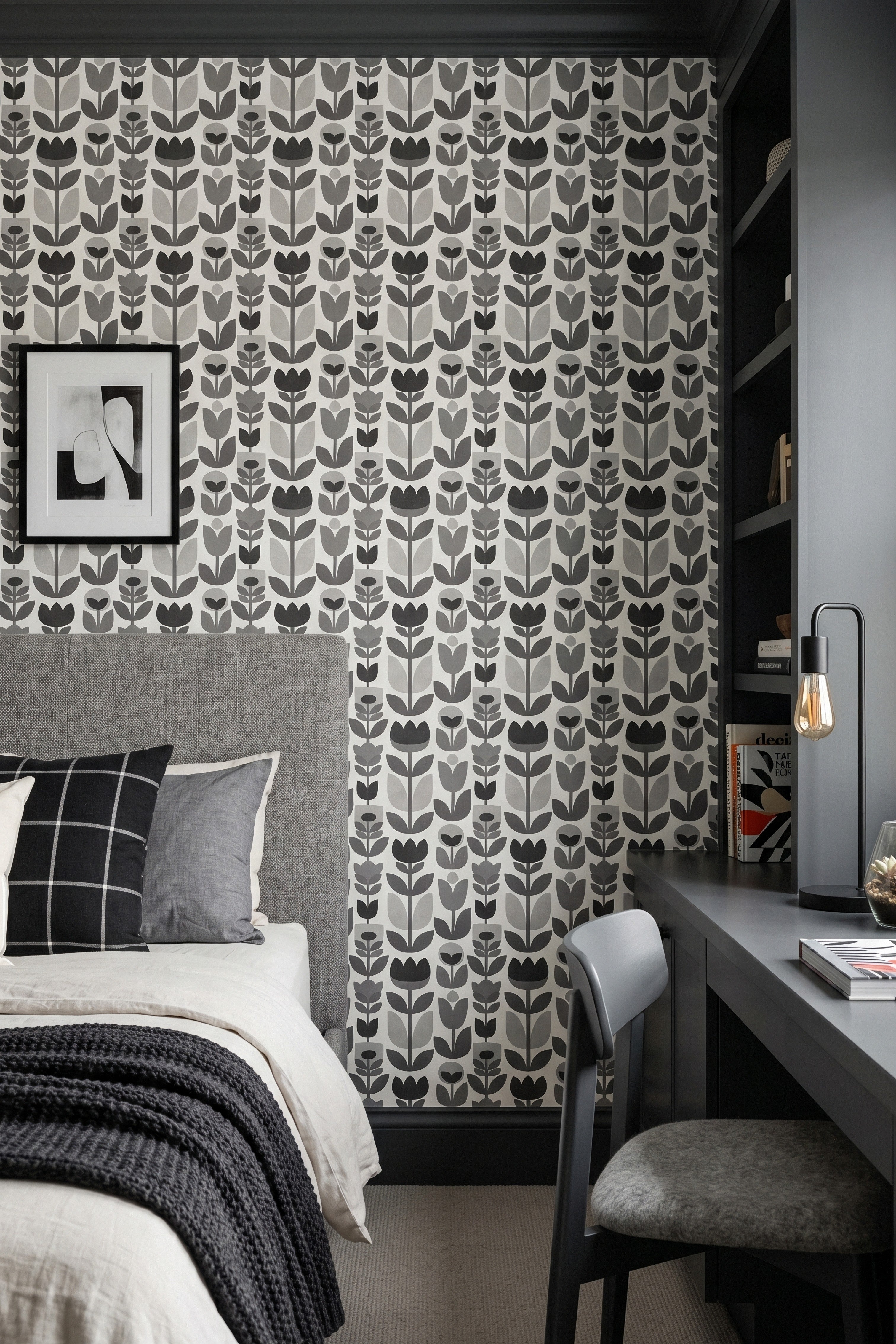 Tulip Noir wallpaper shown in a bedroom
