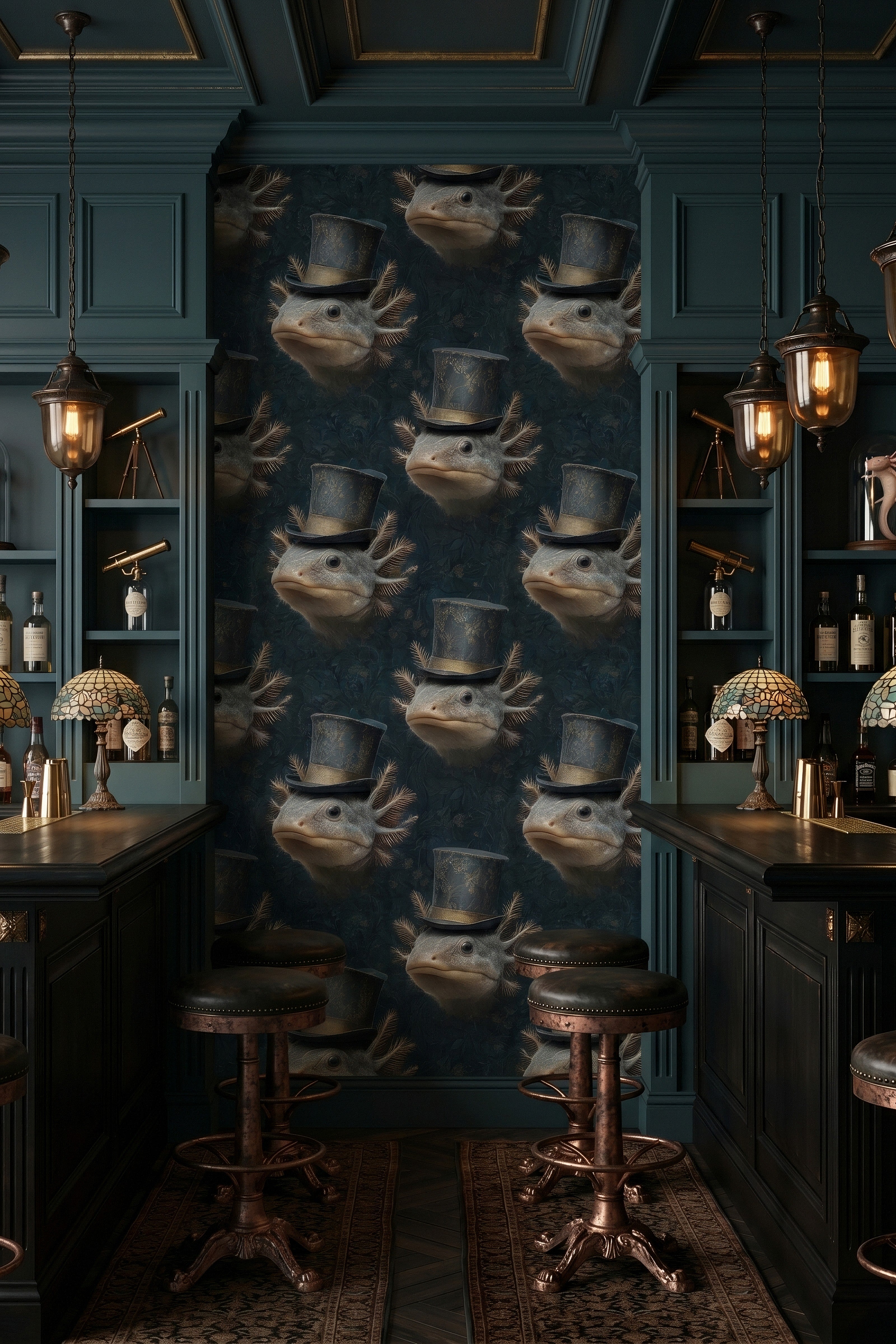 Dapper Axolotl wallpaper shown in a home bar