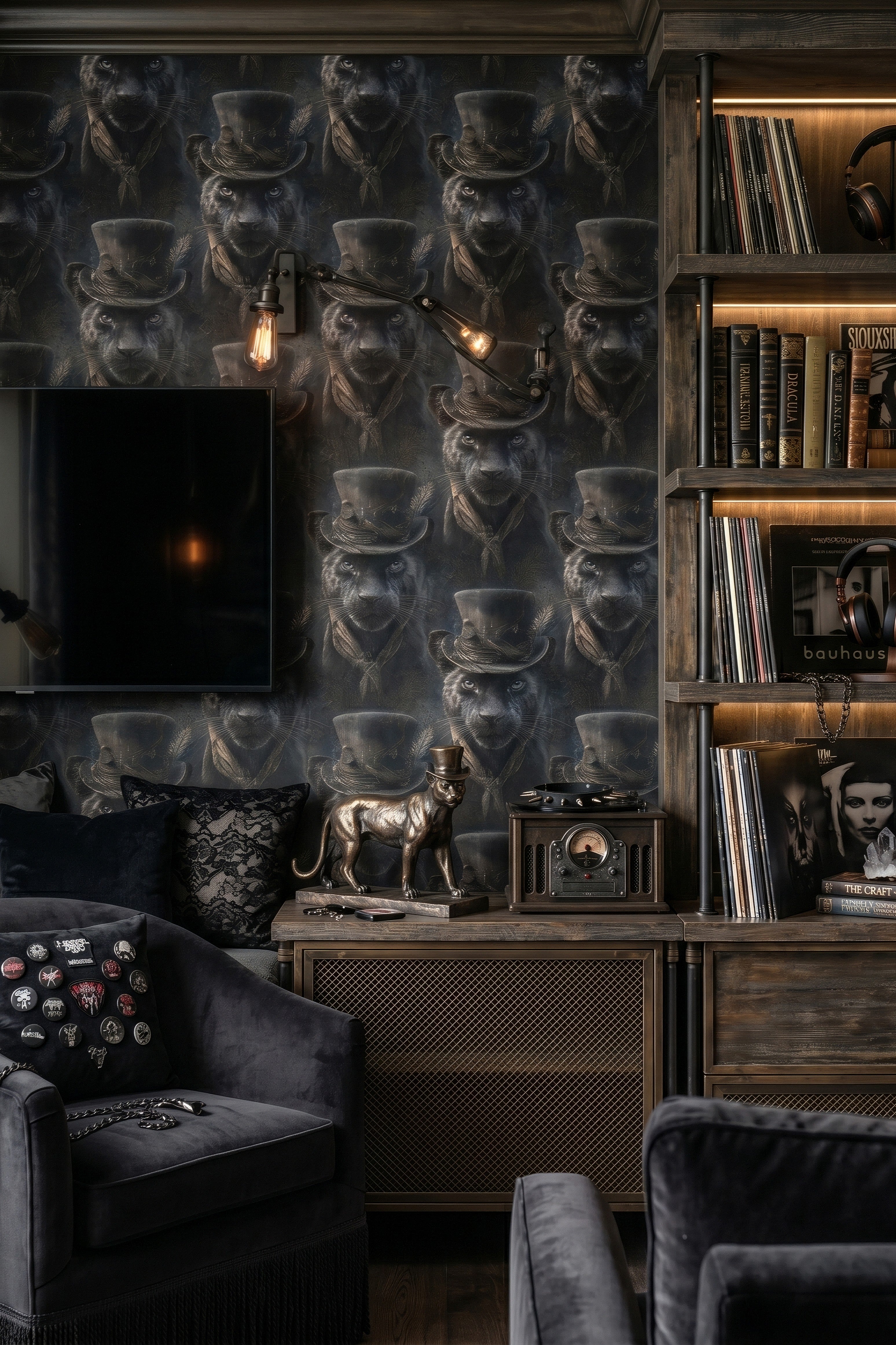 Dapper Panther wallpaper shown in a media room