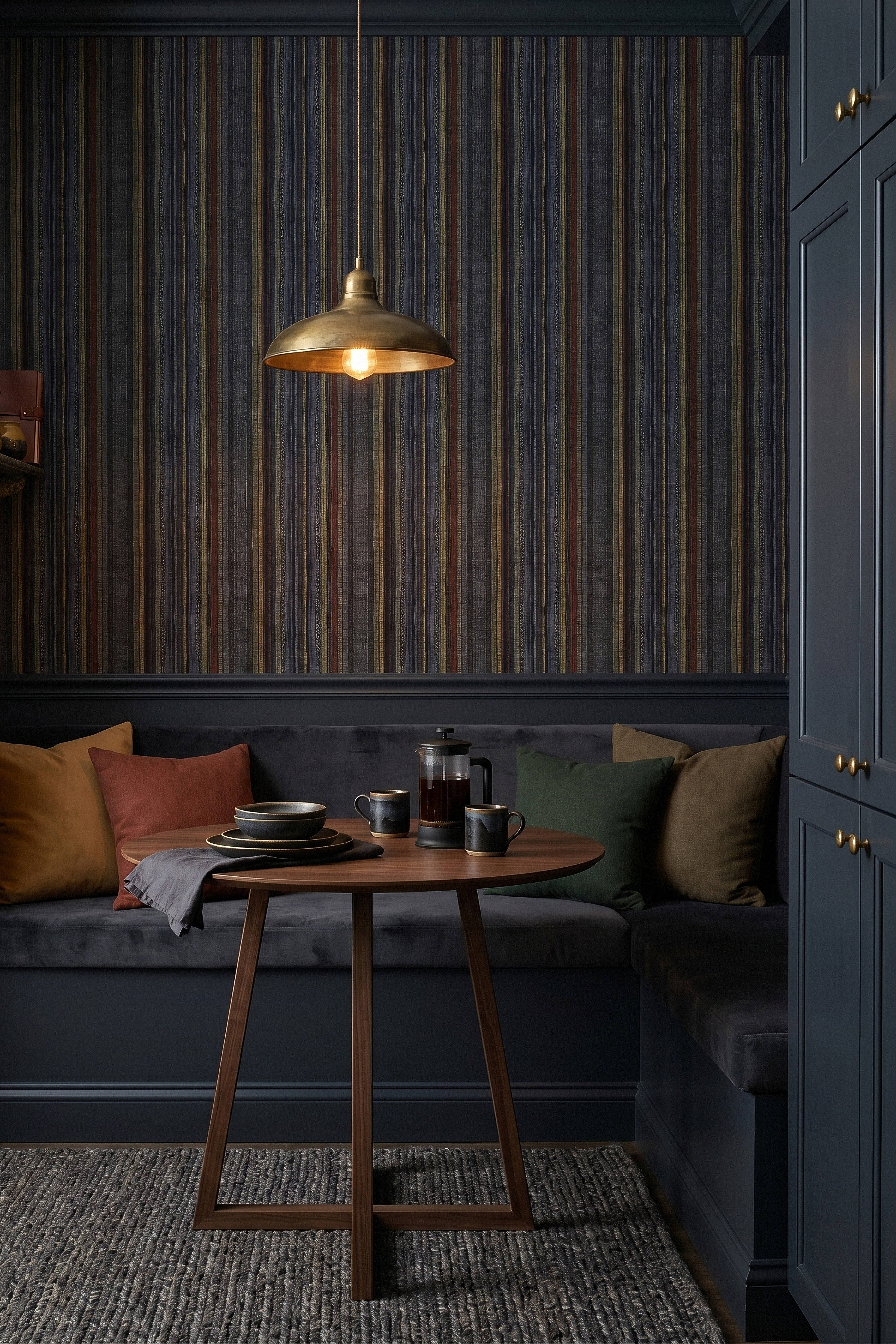 Harvest Stripe wallpaper shown in a cozy nook