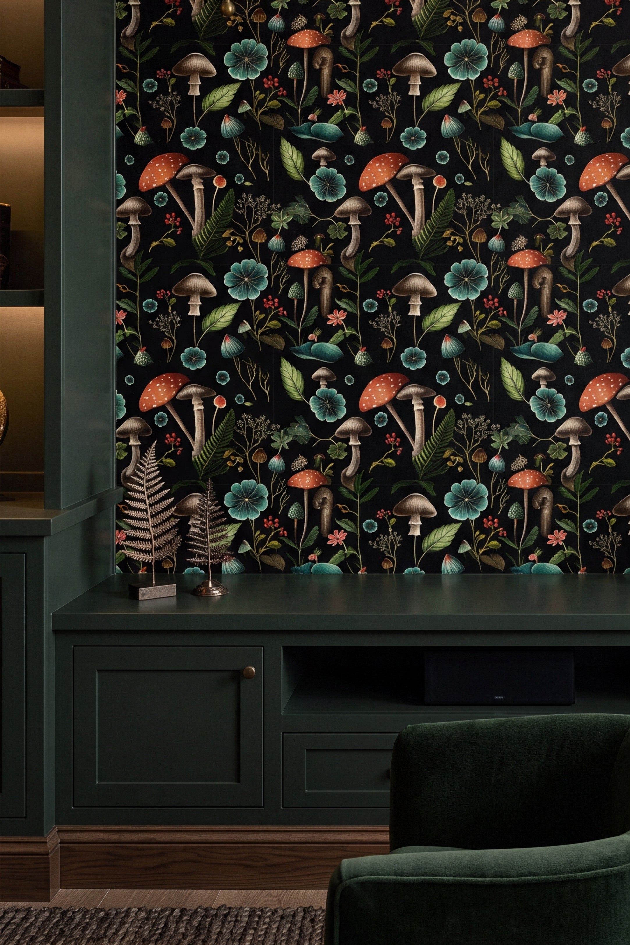 Mushroom Hollow wallpaper shown in a media room