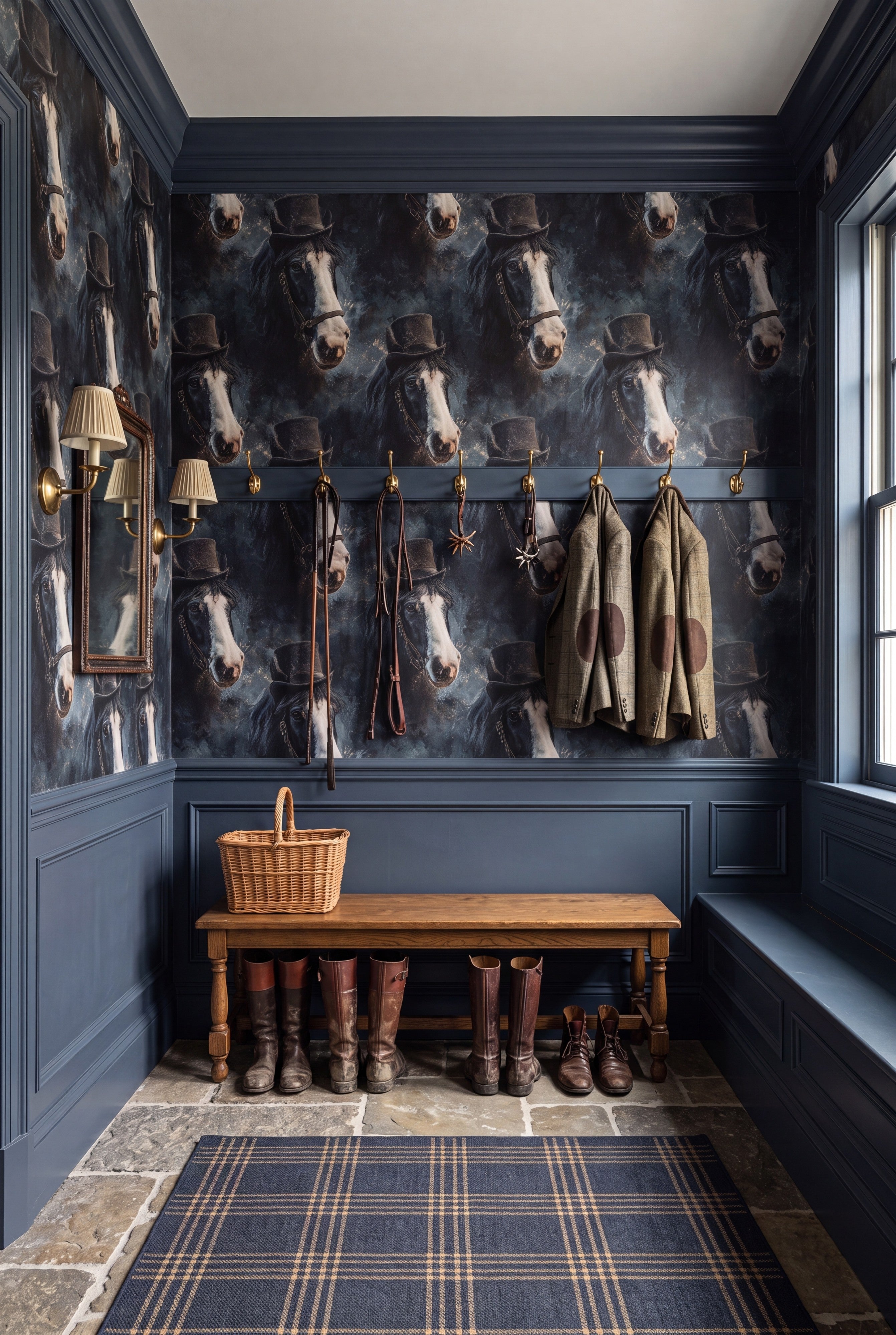 Midnight Mare wallpaper shown in a mudroom