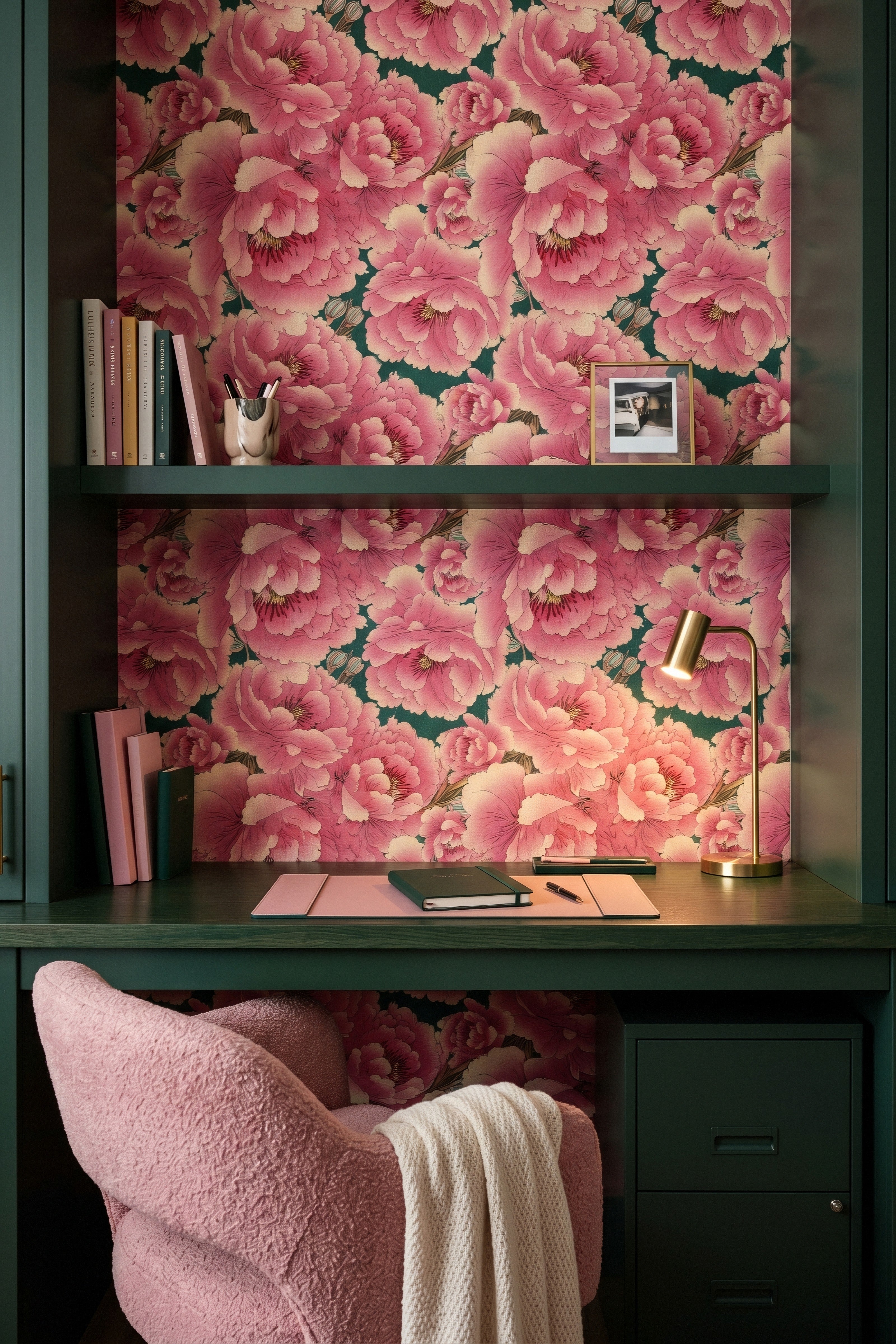 Peony Pavilion wallpaper shown in a home office