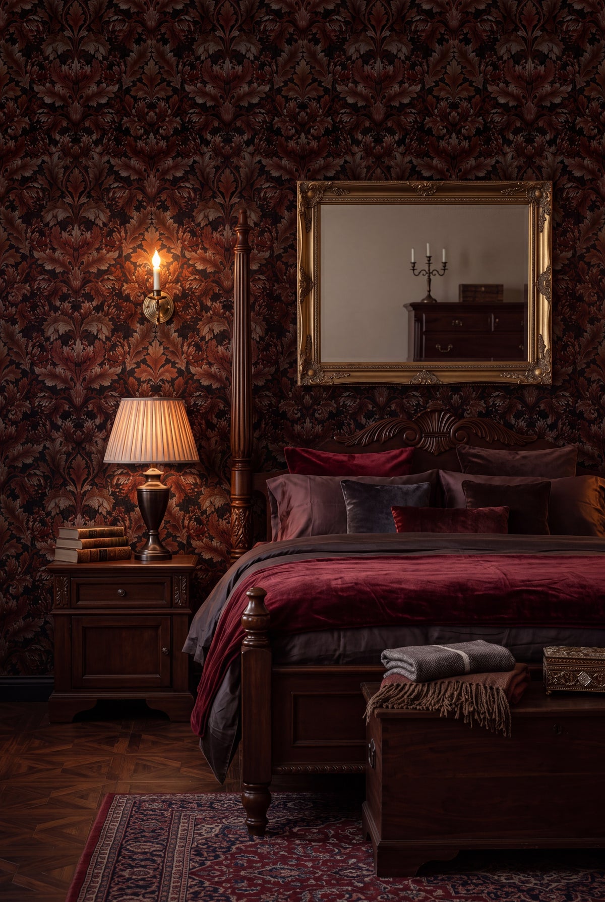 Oxblood Acanthus wallpaper shown in a bedroom