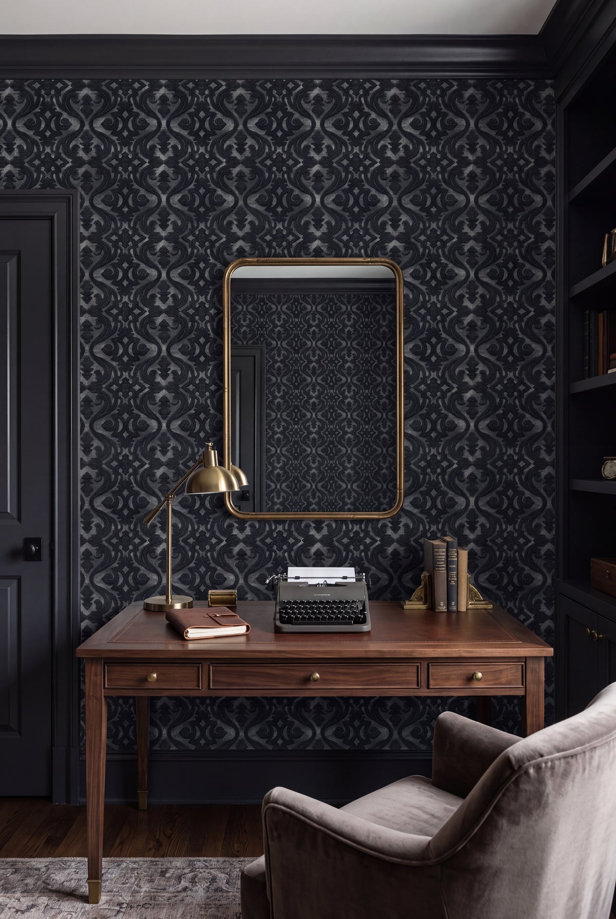 Onyx Scroll wallpaper shown in a home office