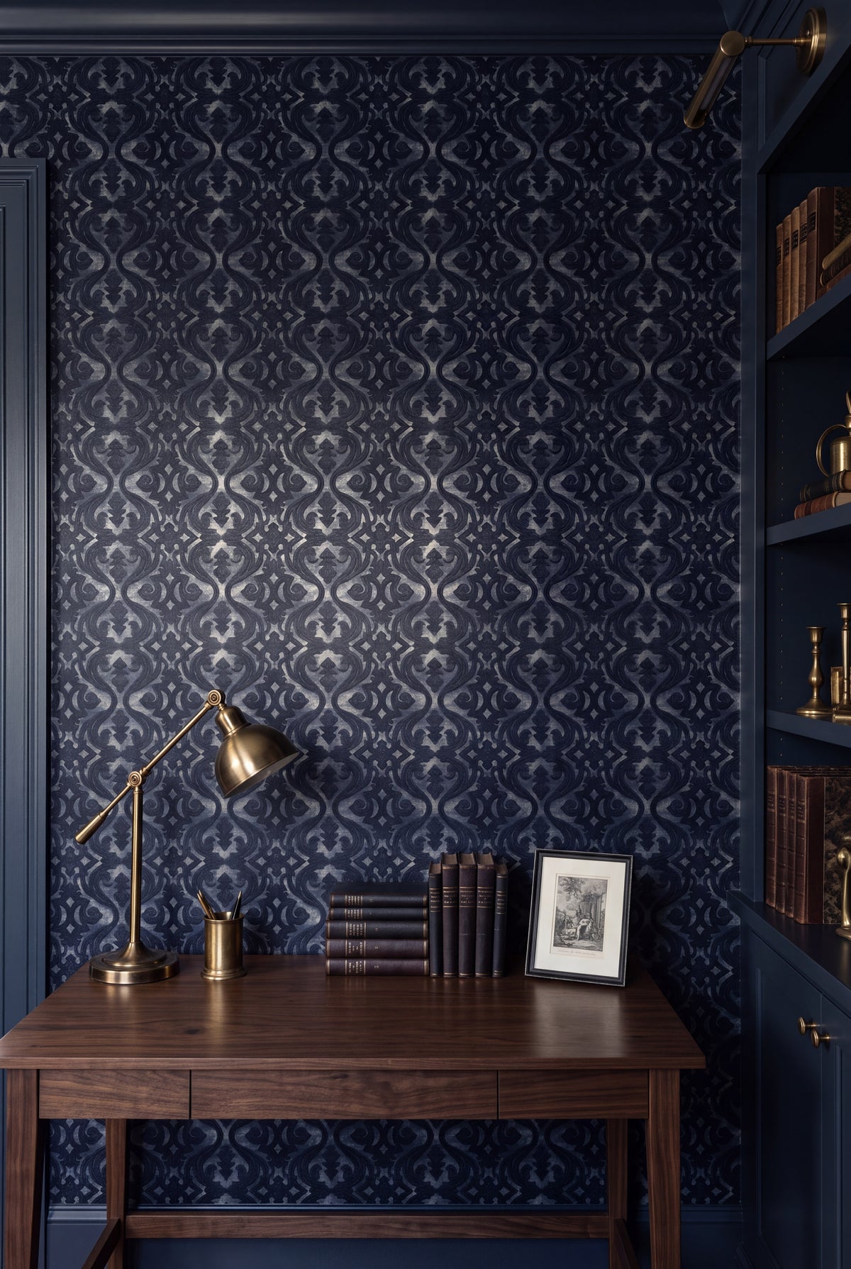 Ink Scroll wallpaper shown in a home office