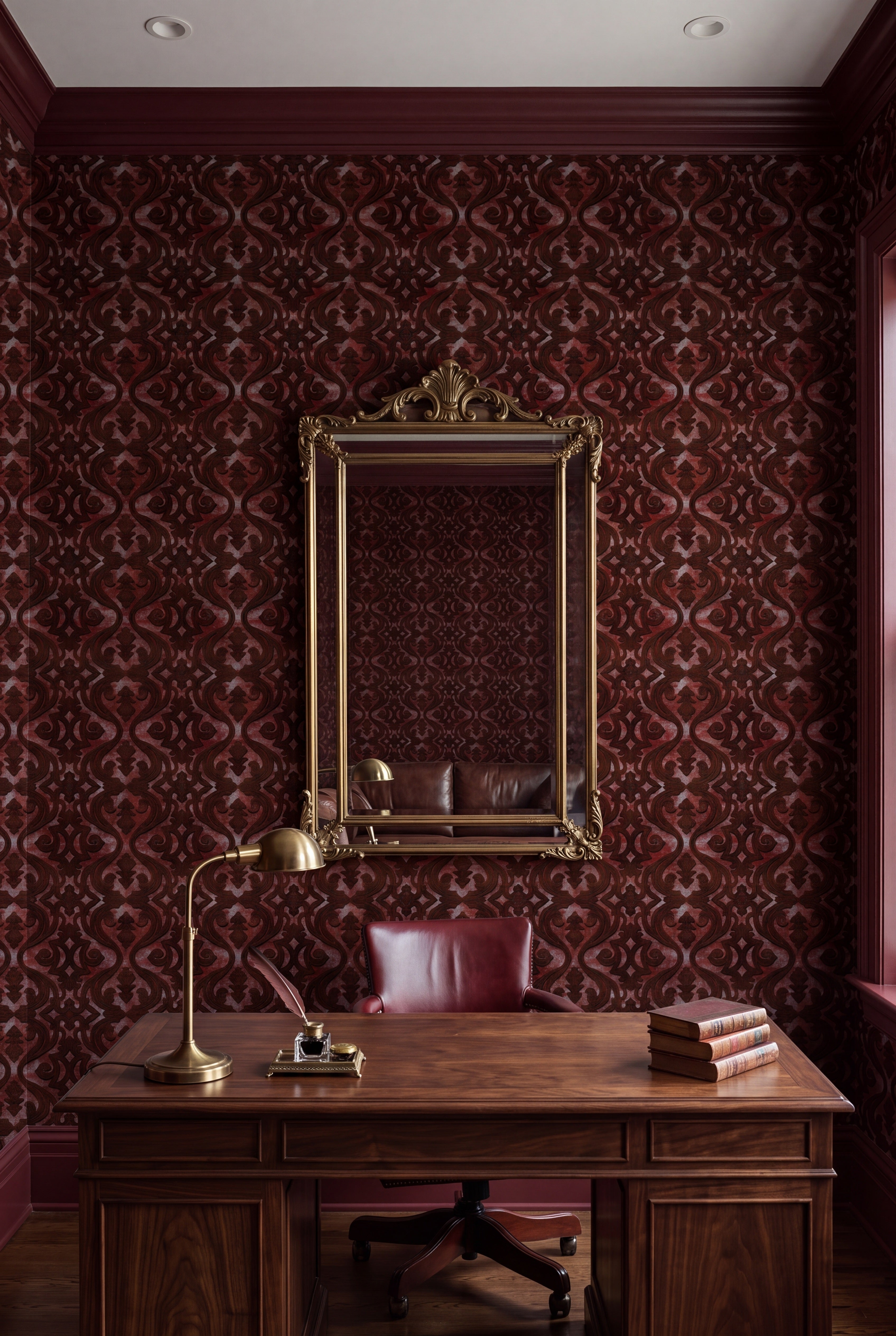 Garnet Scroll wallpaper shown in a home office