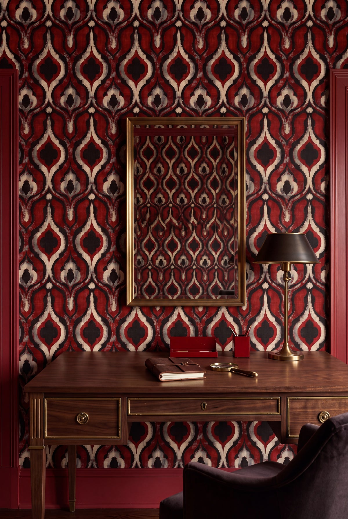 Crimson Lantern wallpaper shown in a home office