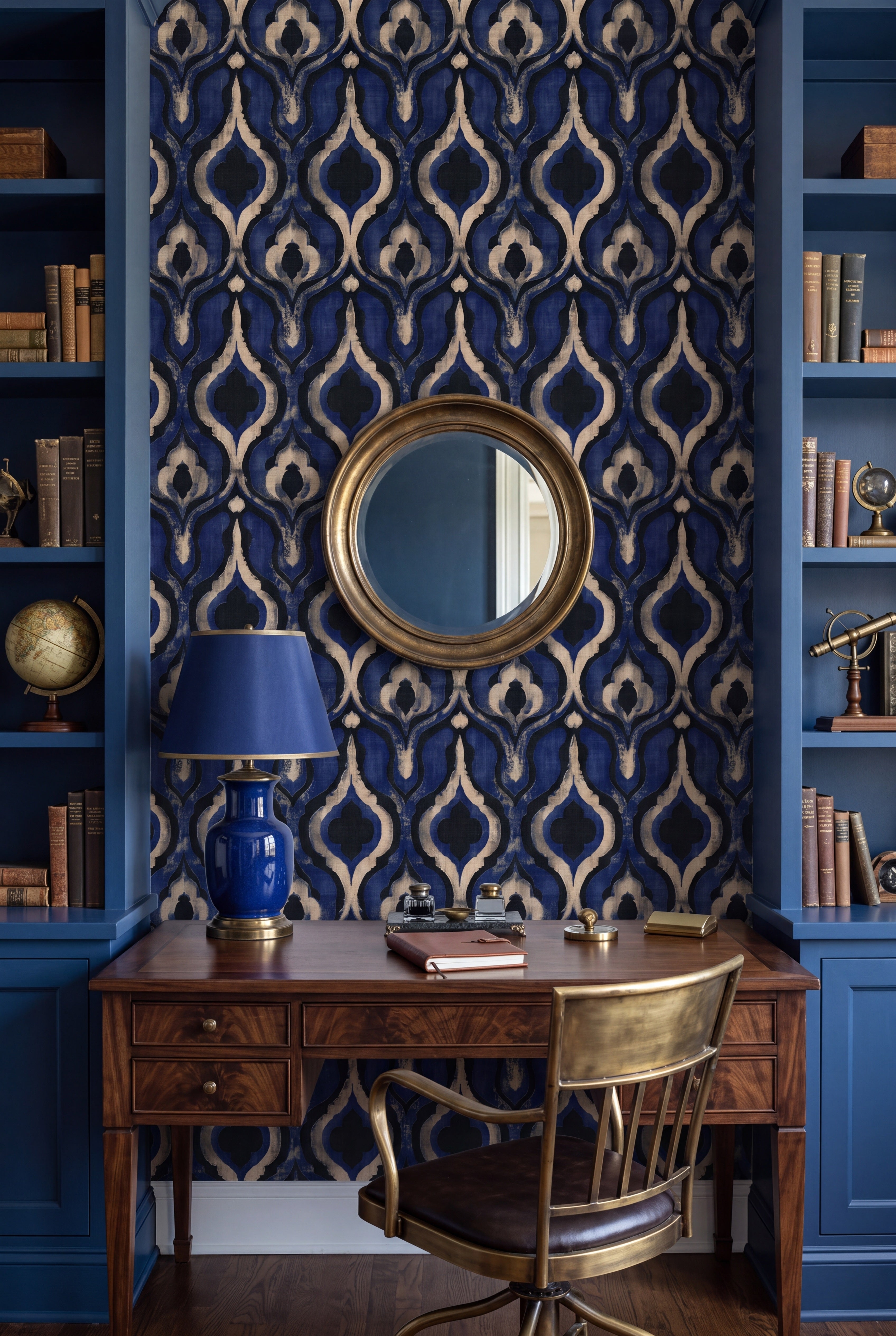 Cobalt Lantern wallpaper shown in a home office