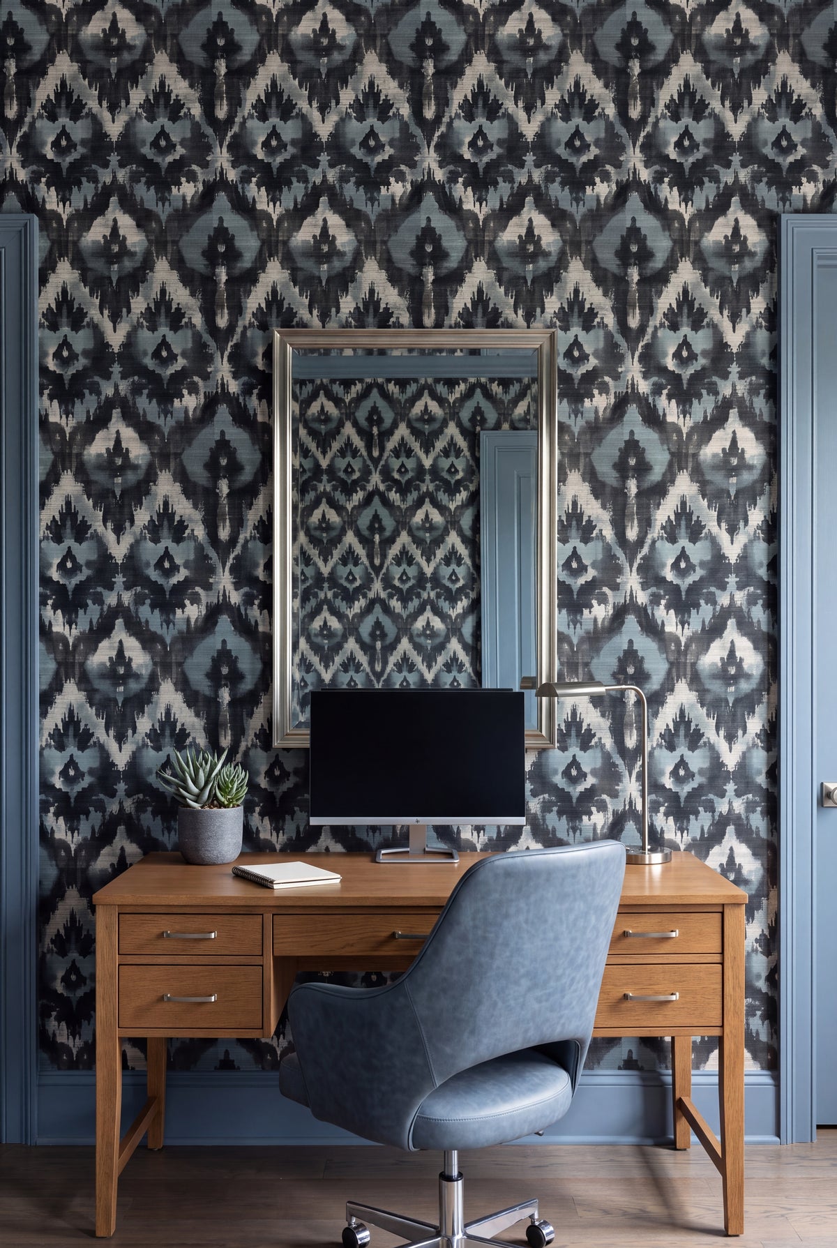 Indigo Ikat wallpaper shown in a home office