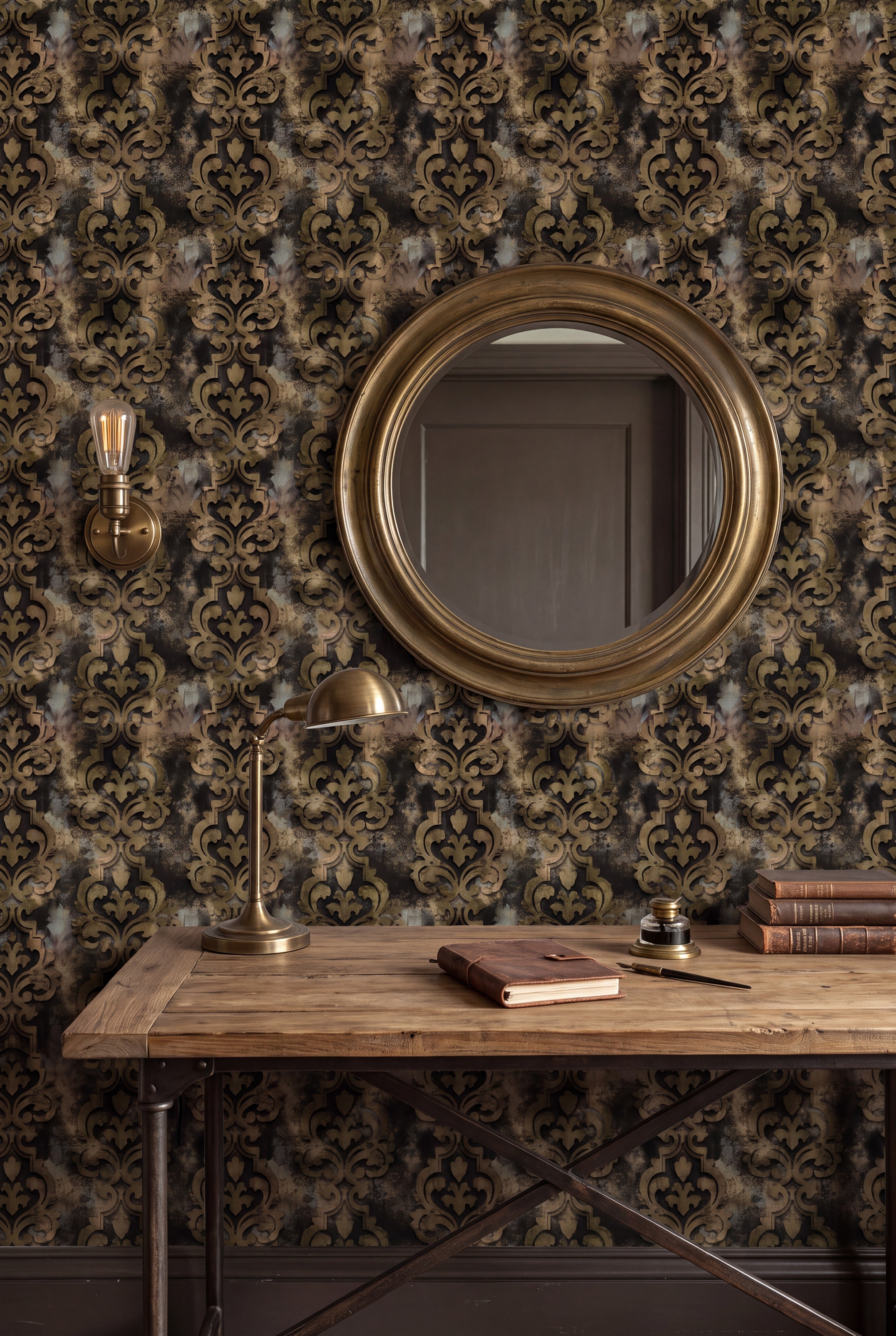 Gilded Relic wallpaper shown in a home office