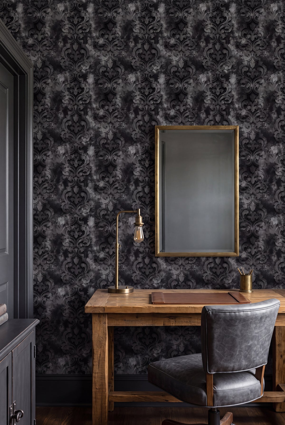 Pewter Relic wallpaper shown in a home office