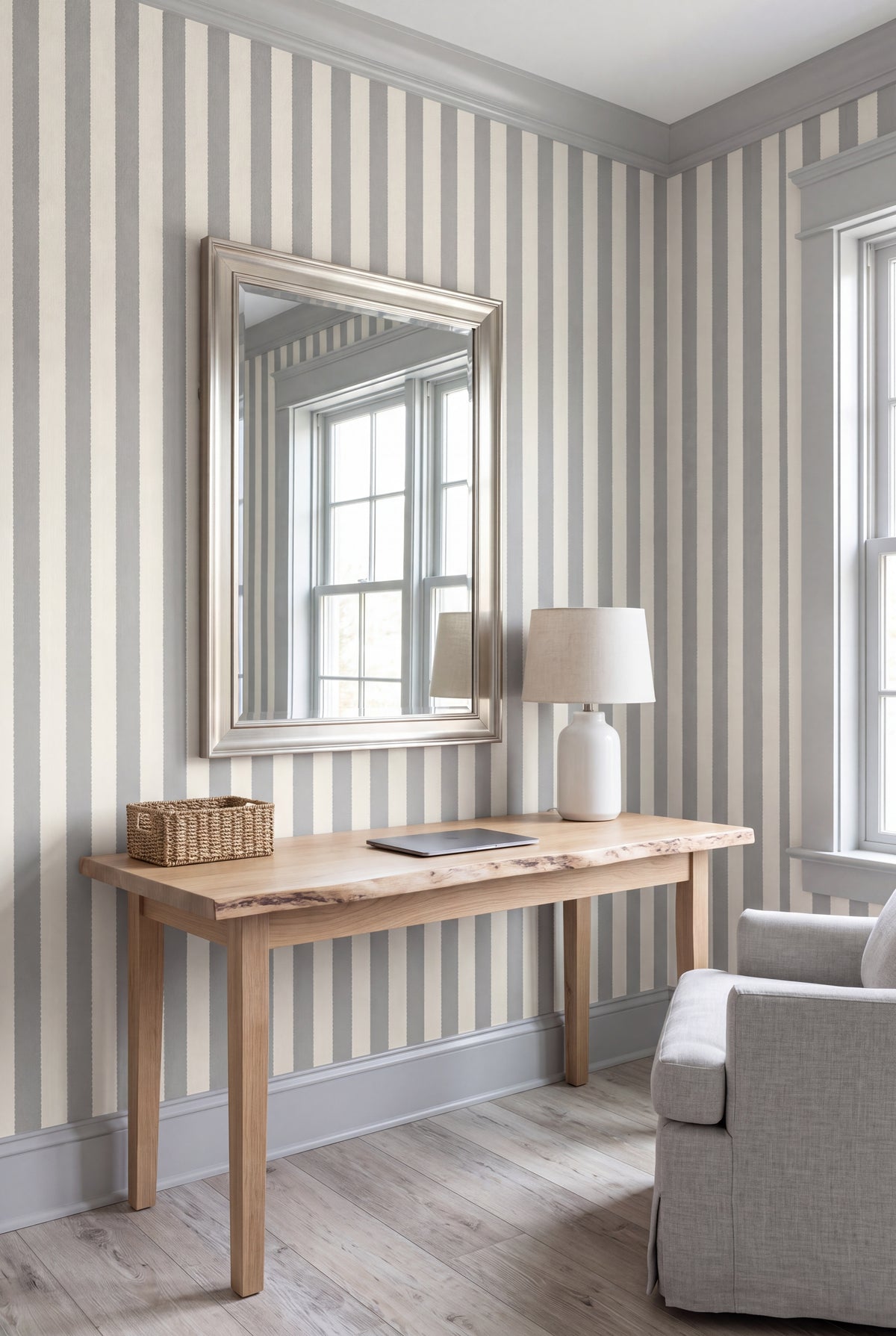 Dove Ribbon wallpaper shown in a home office