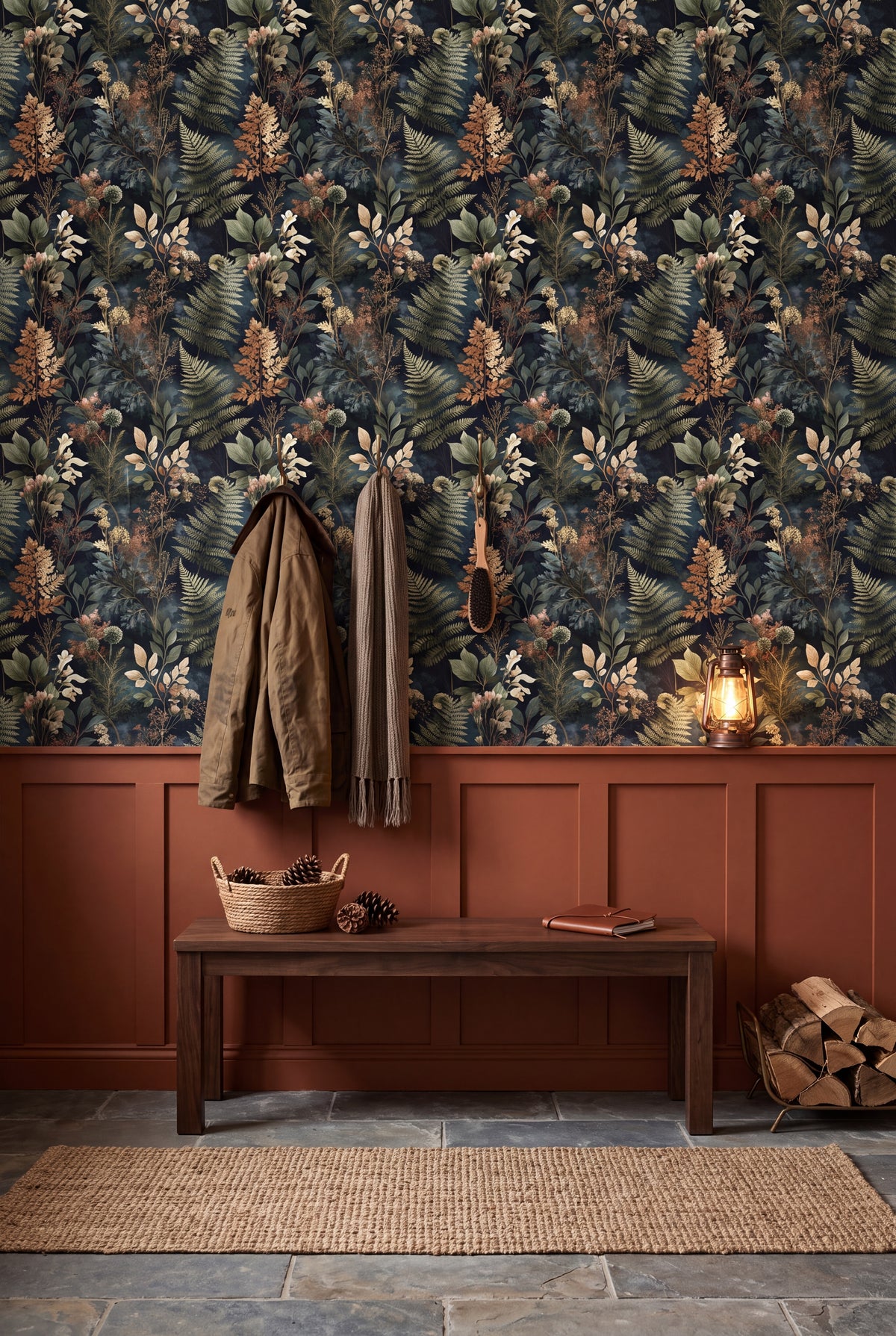 Copper Bracken wallpaper shown in a mudroom