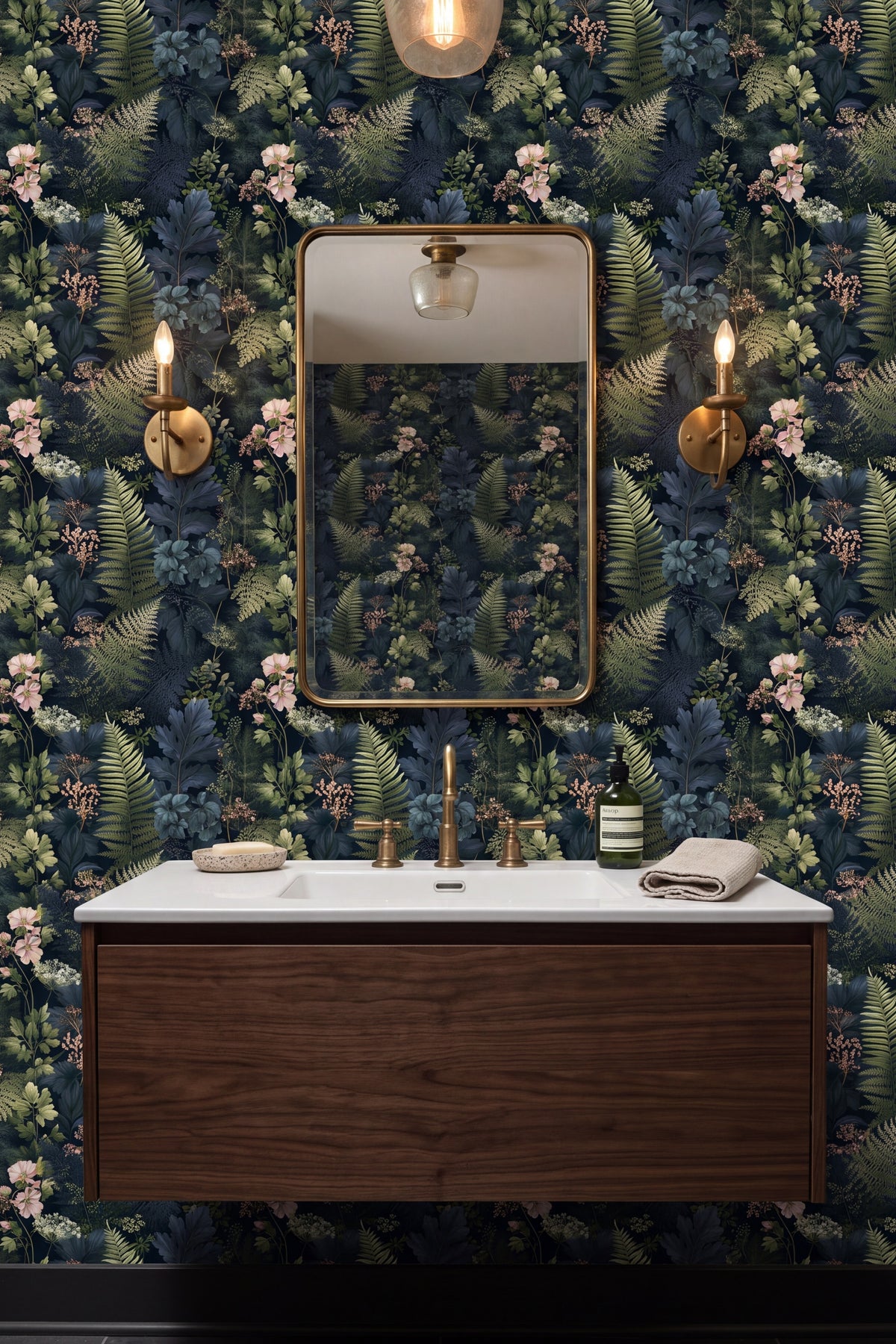 Evening Fernery wallpaper shown in a bathroom