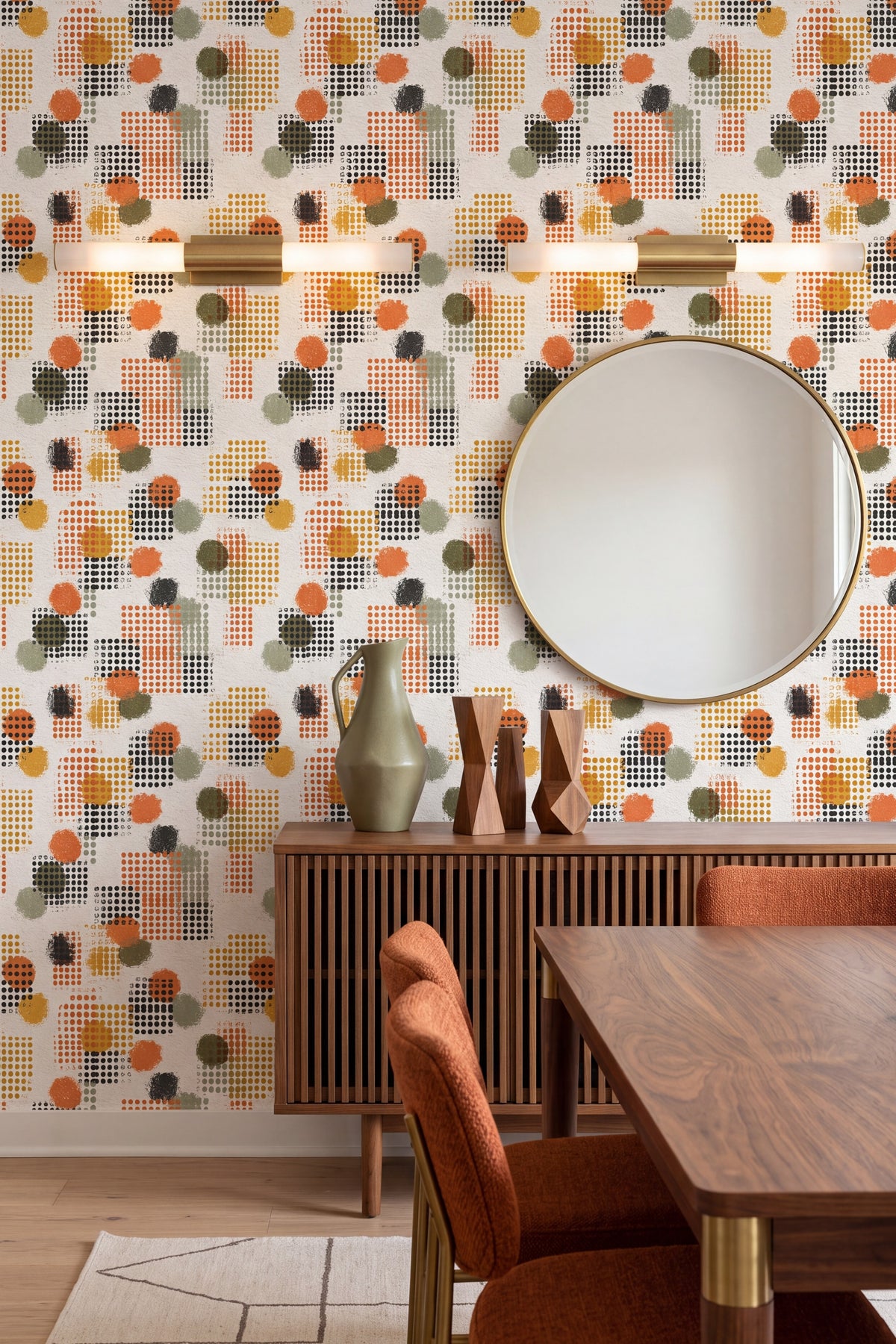 Confetti Grid wallpaper shown in a dining room