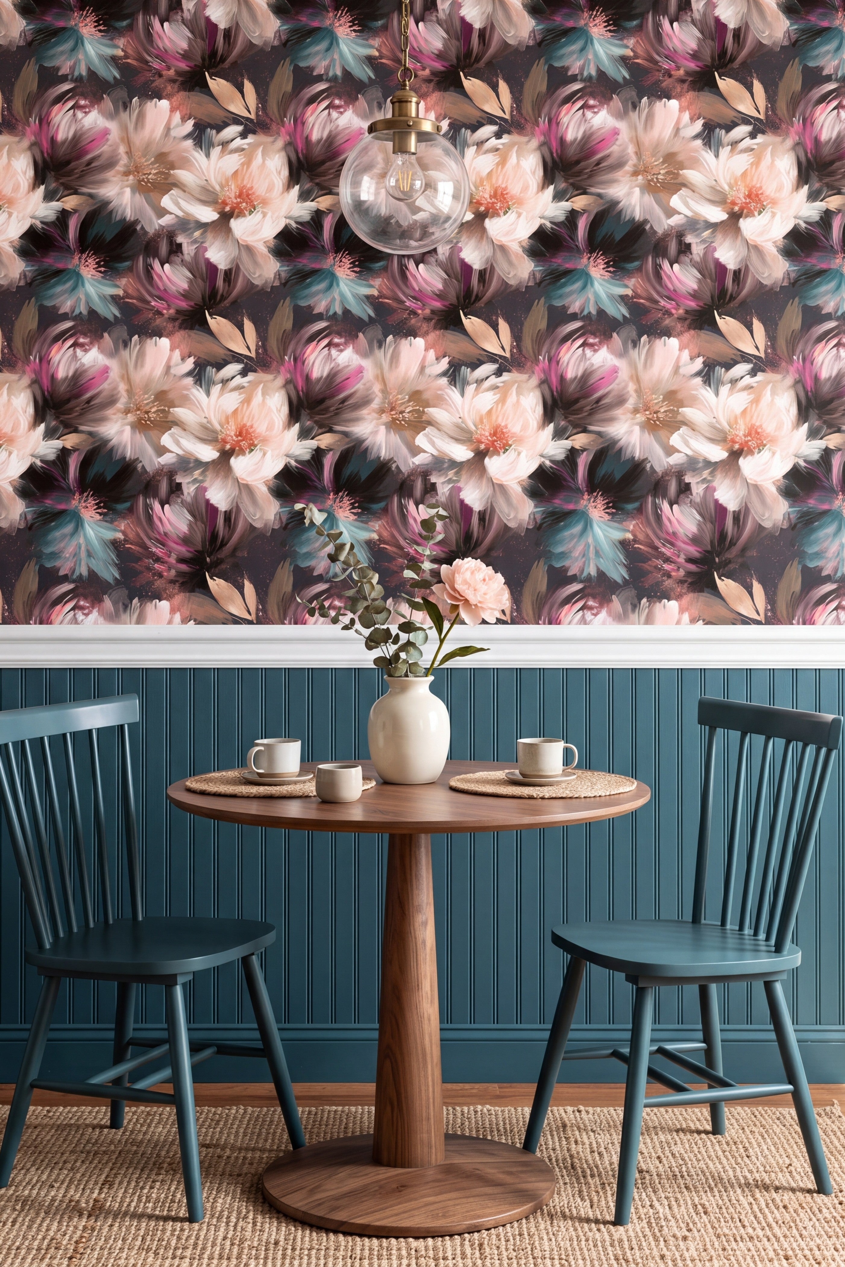 Plume Peony wallpaper shown in a kitchen breakfast nook