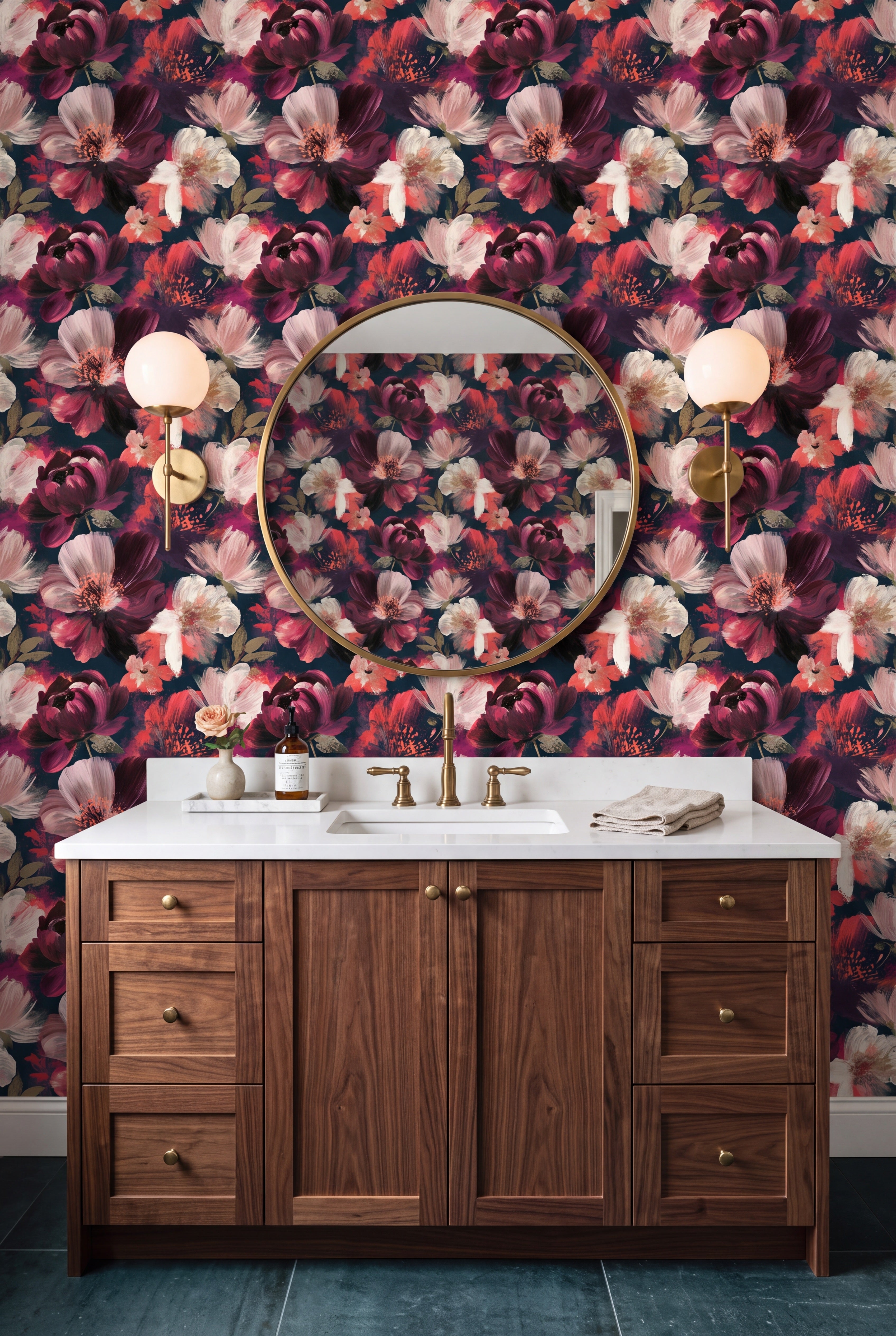Garnet Bloom wallpaper shown in a bathroom