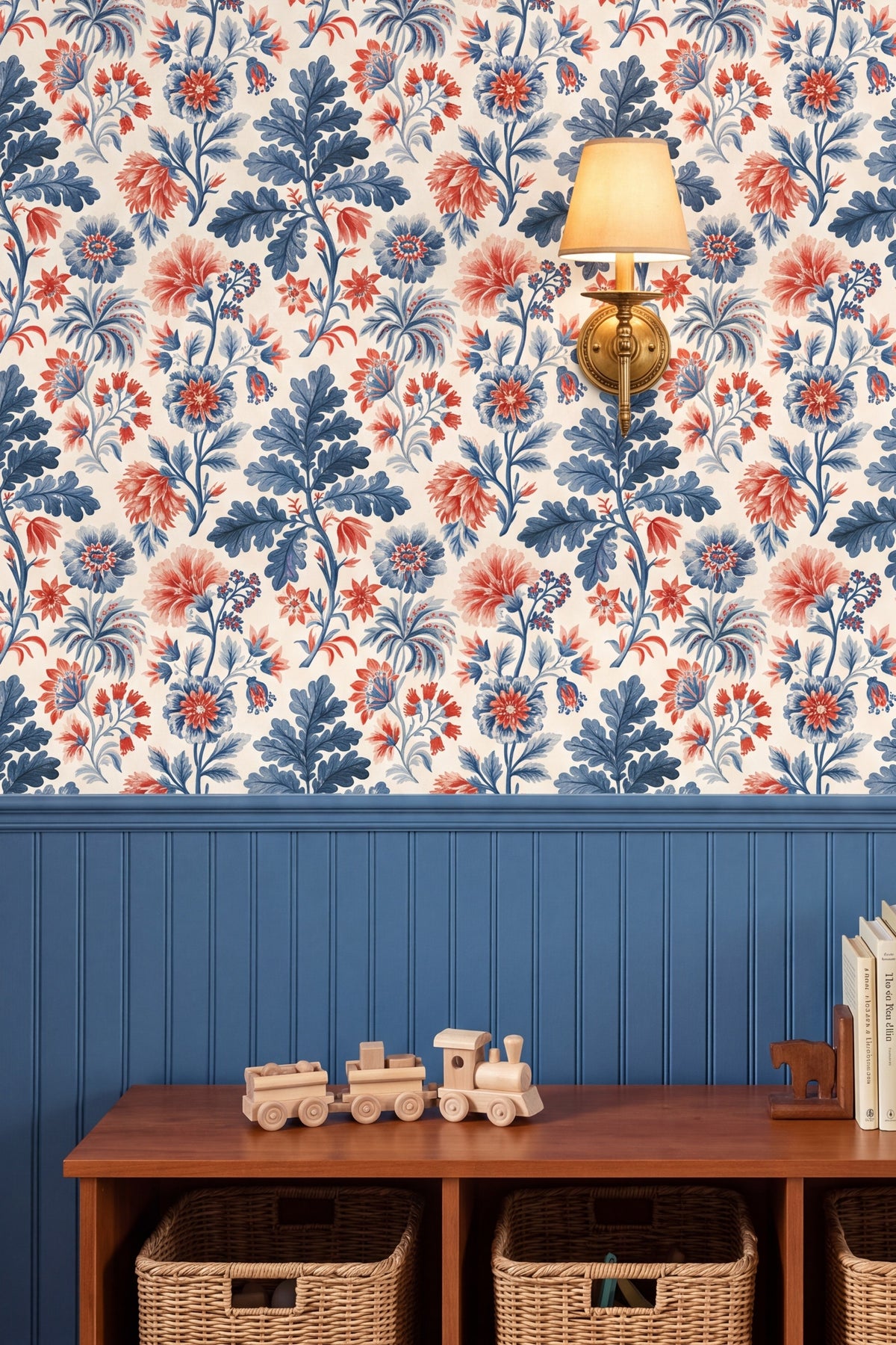 Oakleaf Chintz wallpaper shown in a kids room