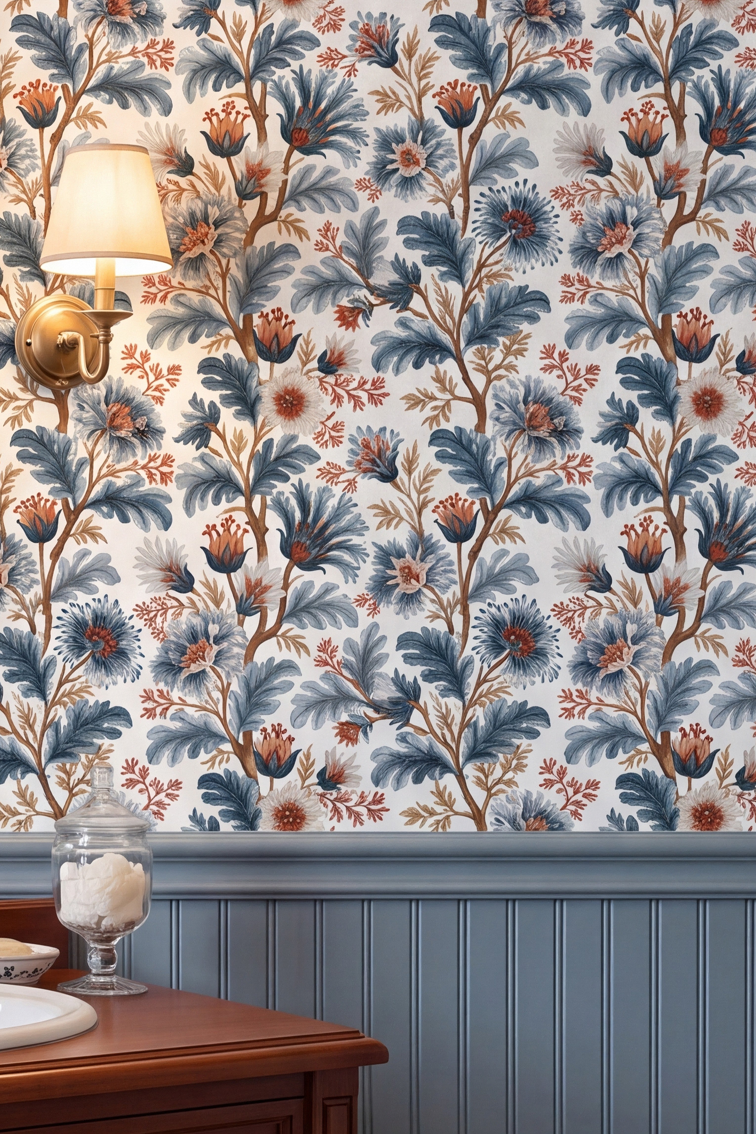 Delft Branch wallpaper shown in a bathroom