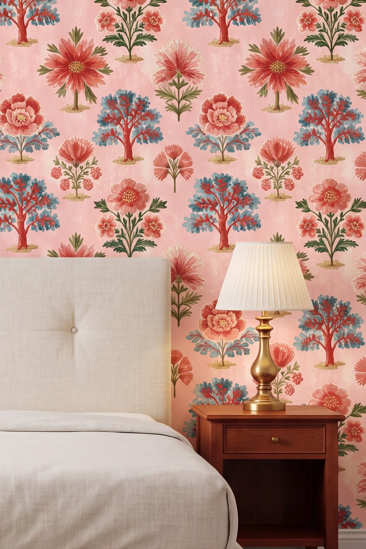 Rosy Orchard wallpaper shown in a bedroom