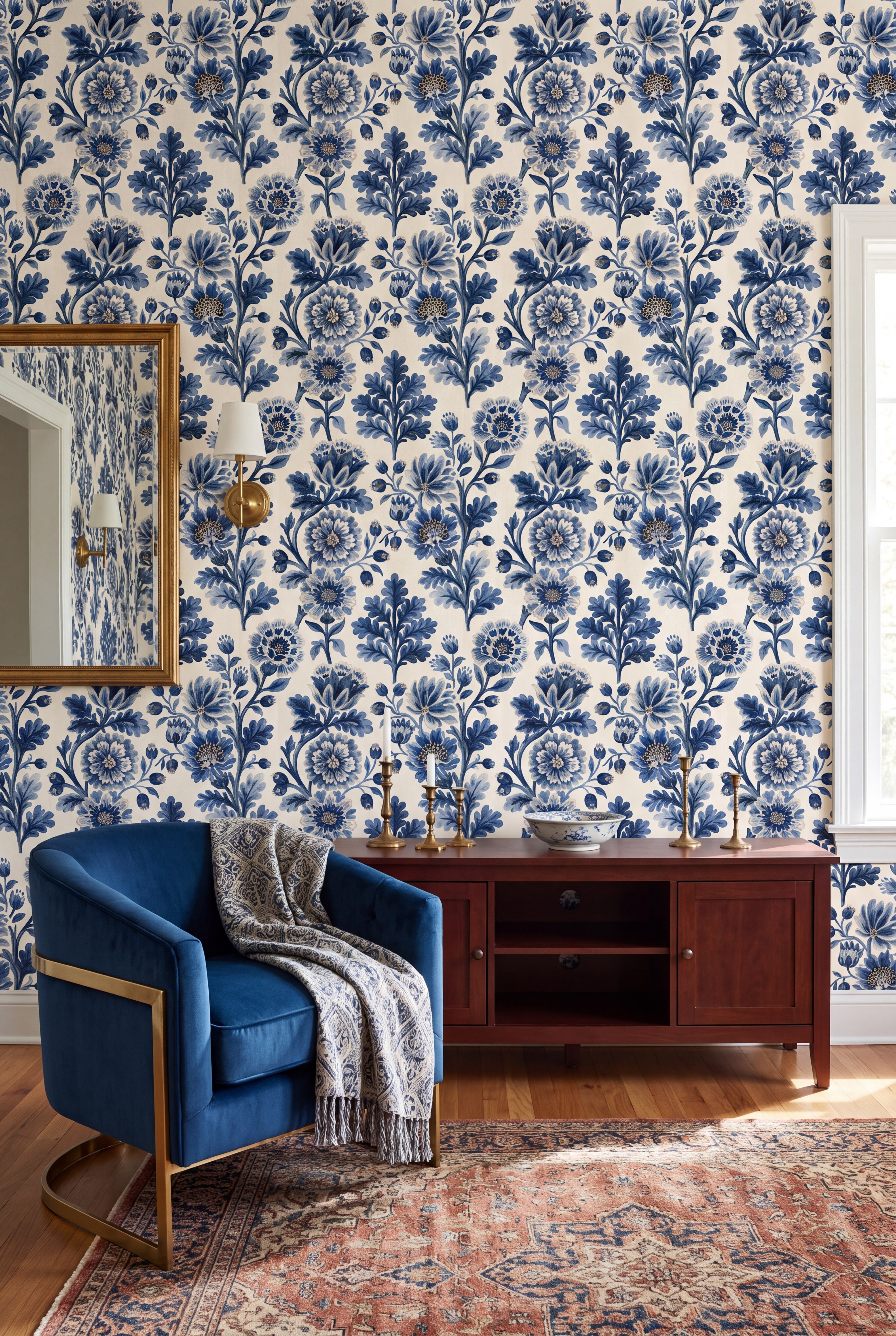 Porcelain Blue wallpaper shown in a living room
