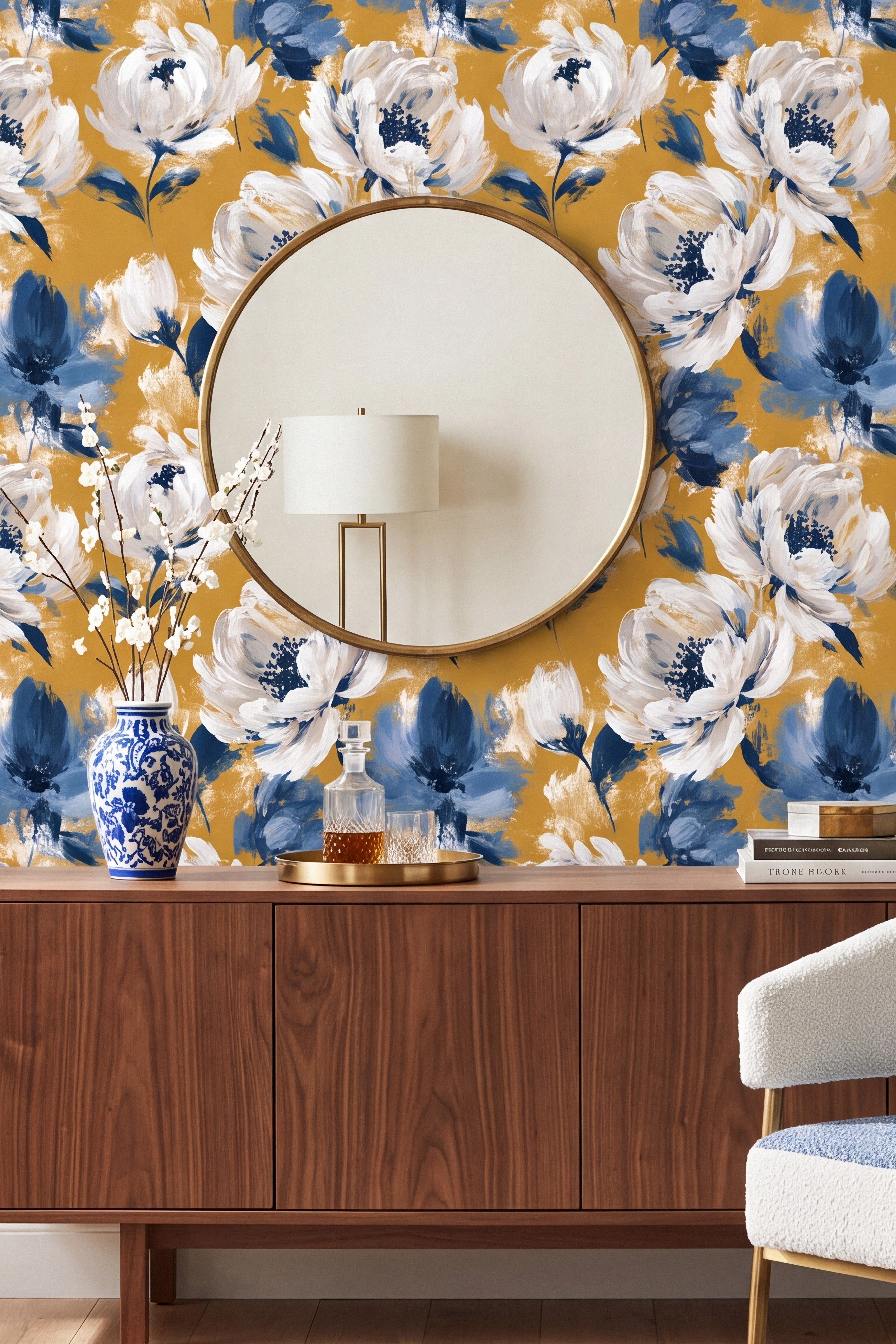 Goldenrod Bloom wallpaper shown in a living room