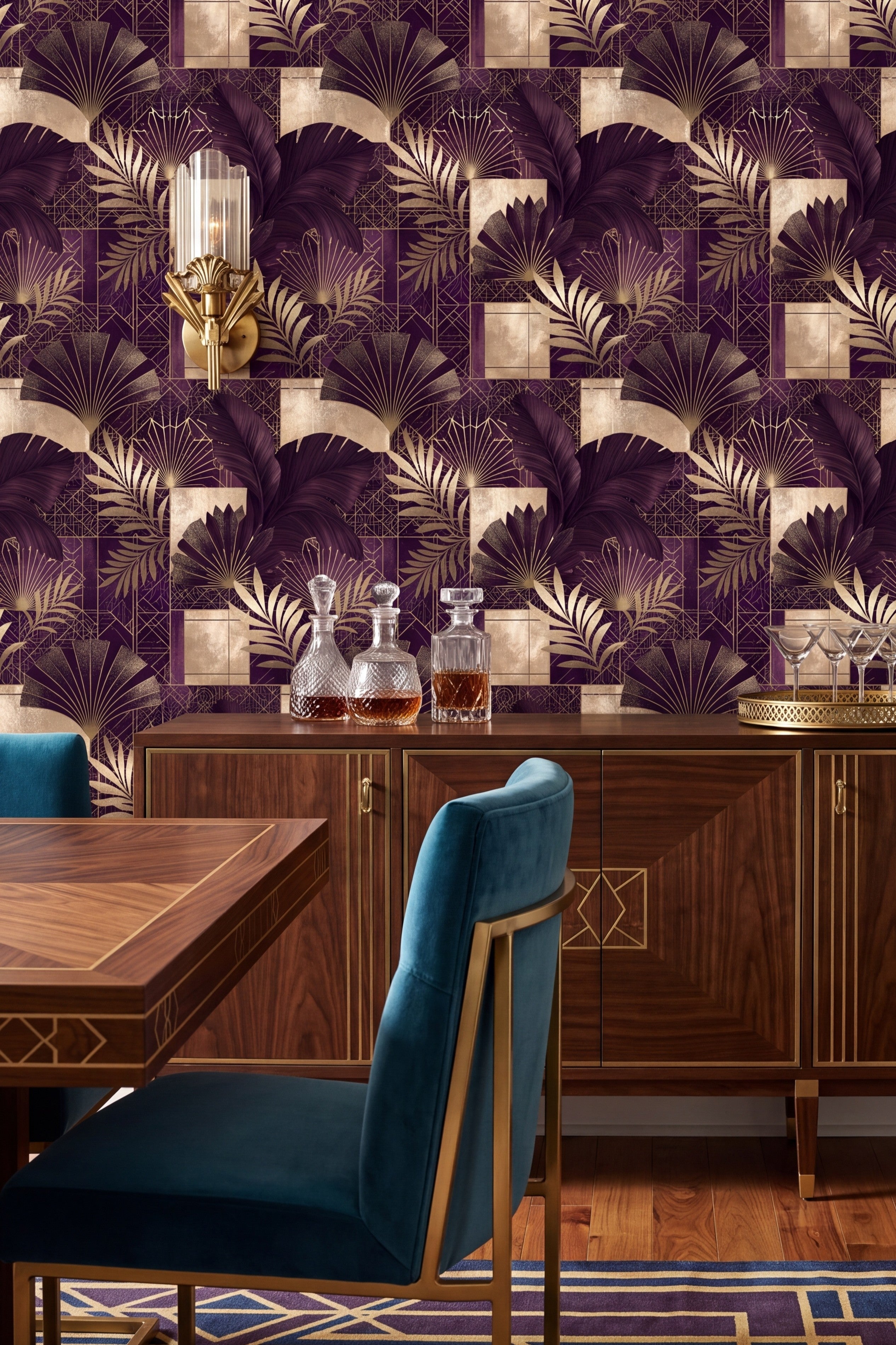Plum Gala wallpaper shown in a dining room