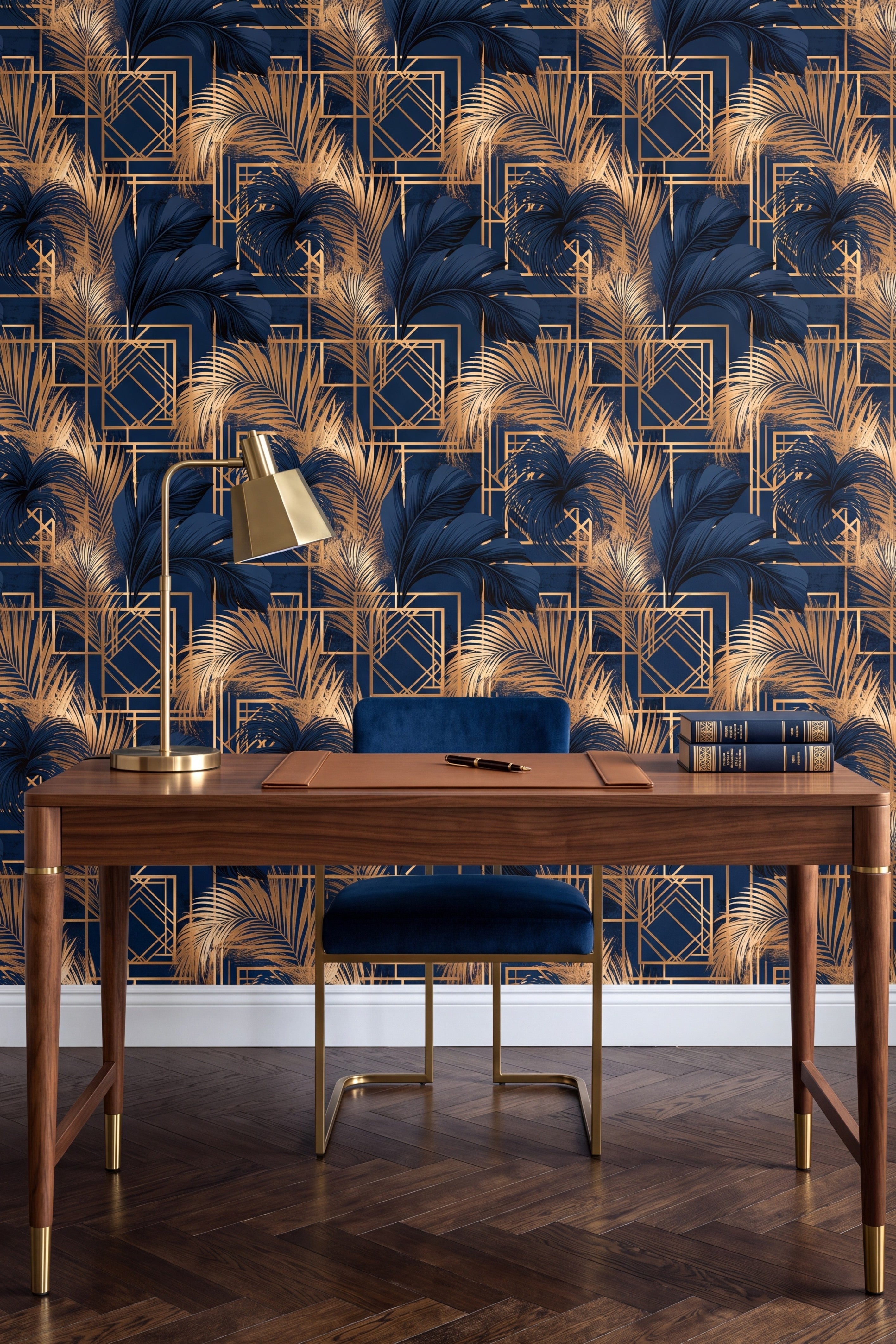 Palm Parquet wallpaper shown in a home office