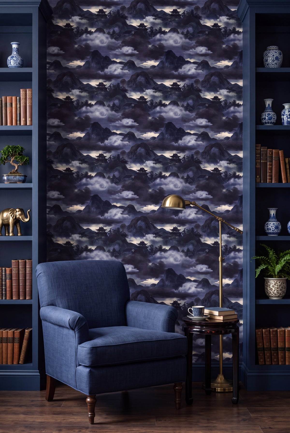 Indigo Pagoda wallpaper shown in a reading nook