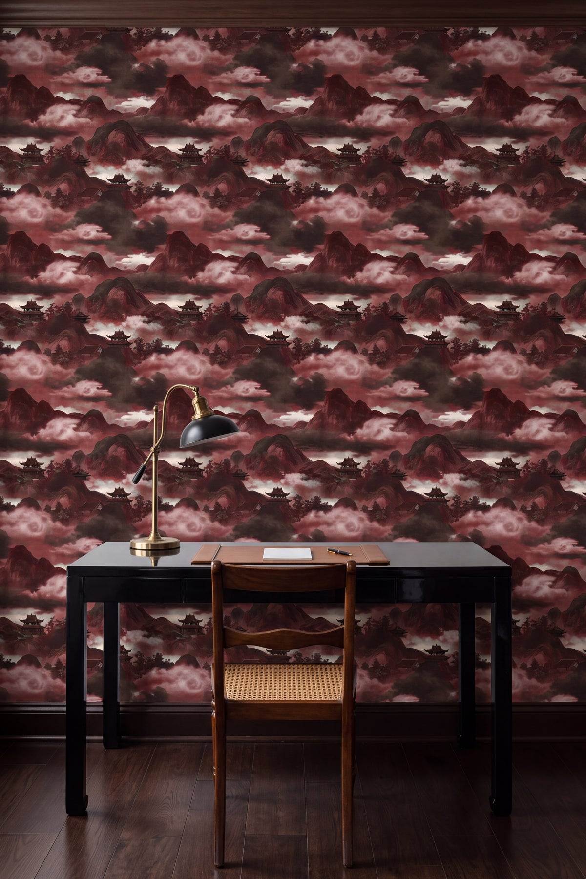 Oxblood Pagoda wallpaper shown in a home office