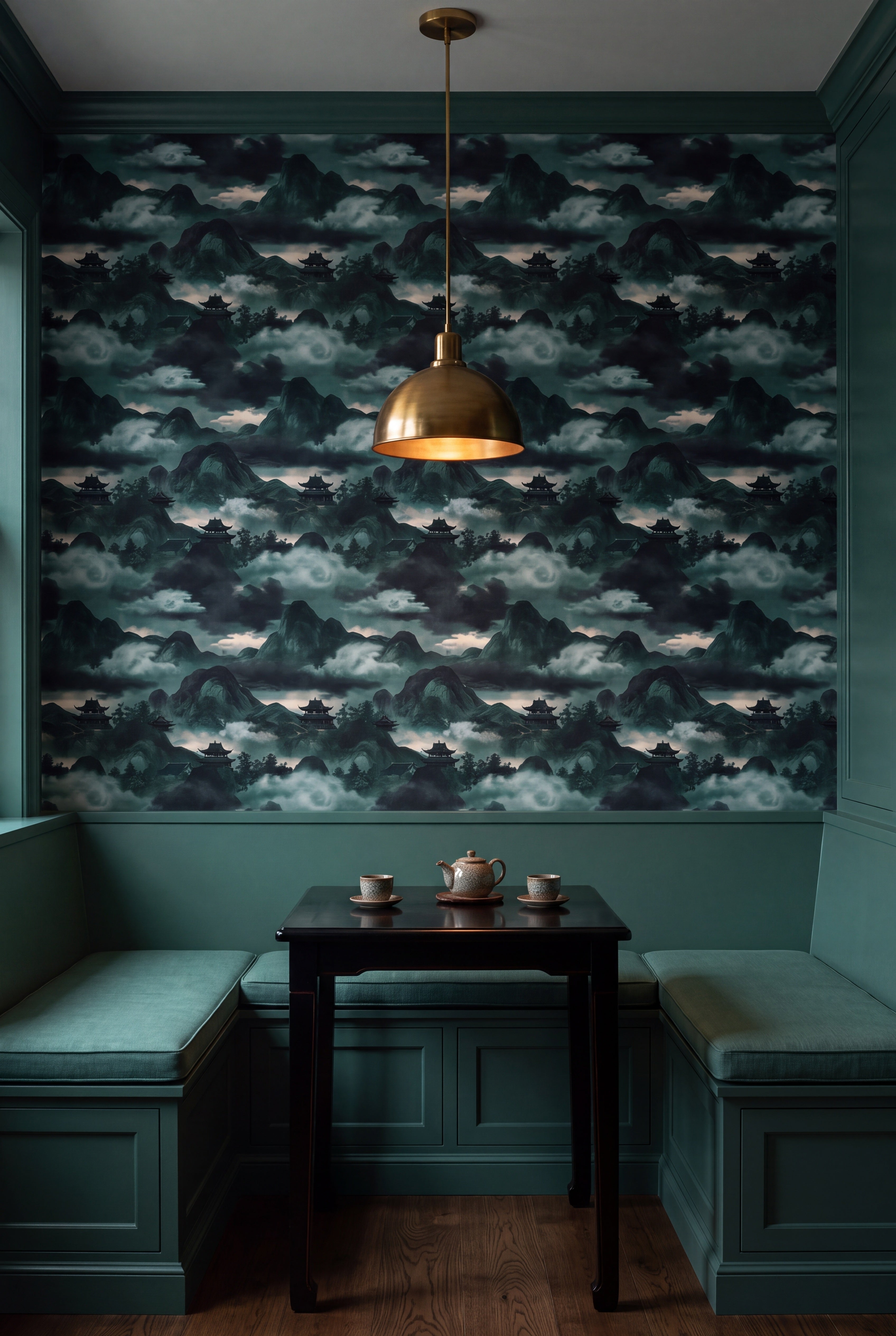 Jade Pagoda wallpaper shown in a kitchen breakfast nook
