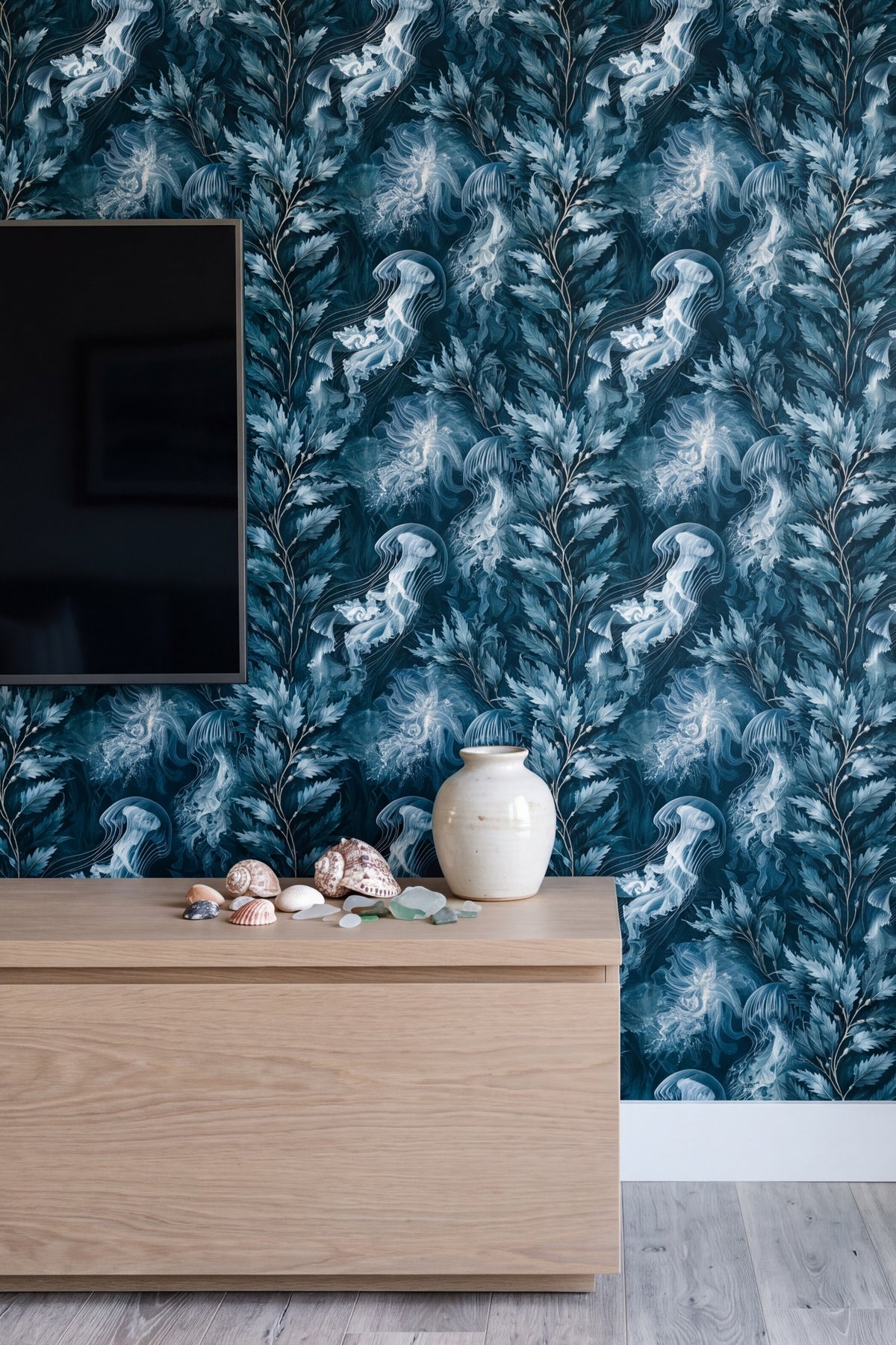 Kelp Cathedral wallpaper shown in a media room