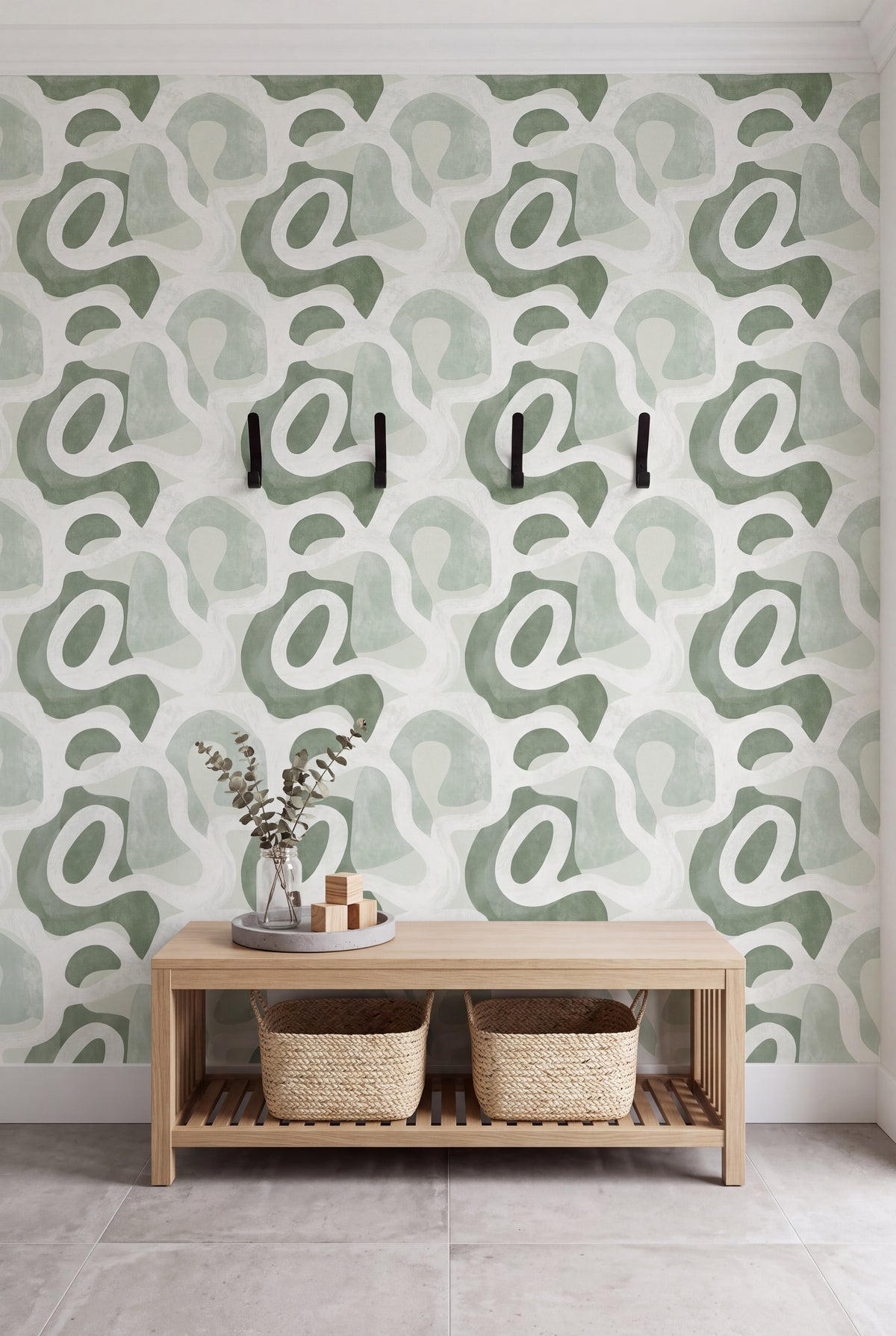 Sage Terrain wallpaper shown in a mudroom