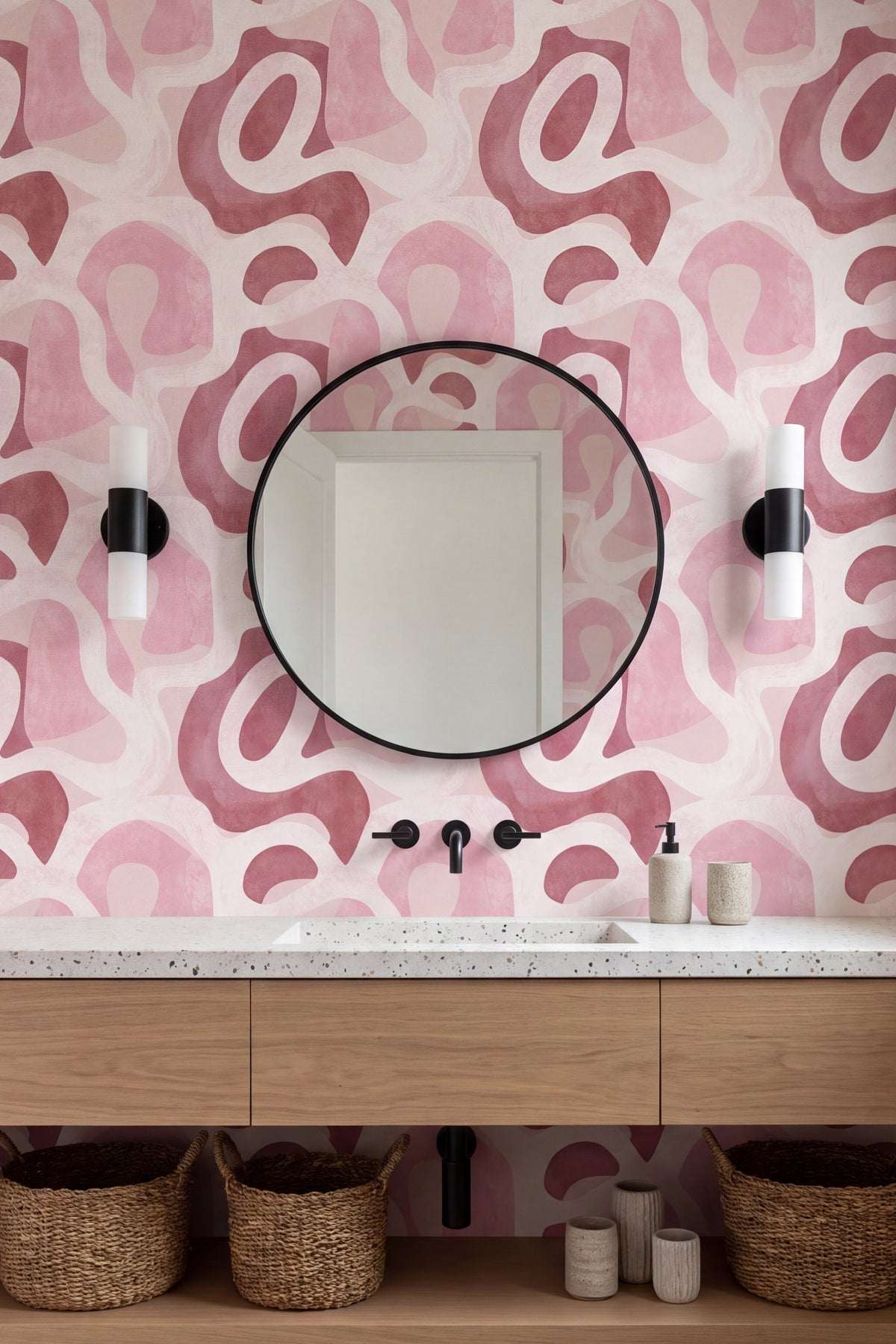 Berry Terrain wallpaper shown in a powder room