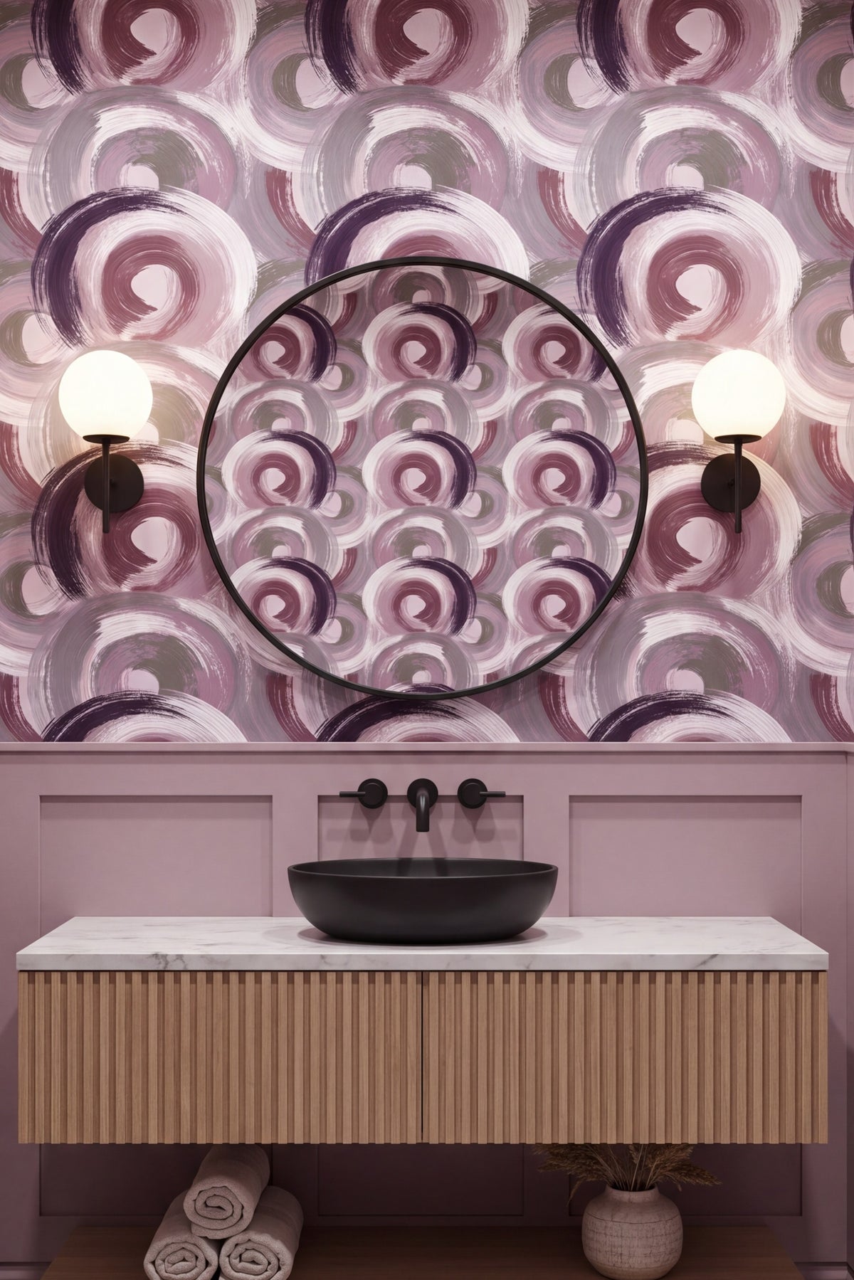 Mauve Halo wallpaper shown in a powder room
