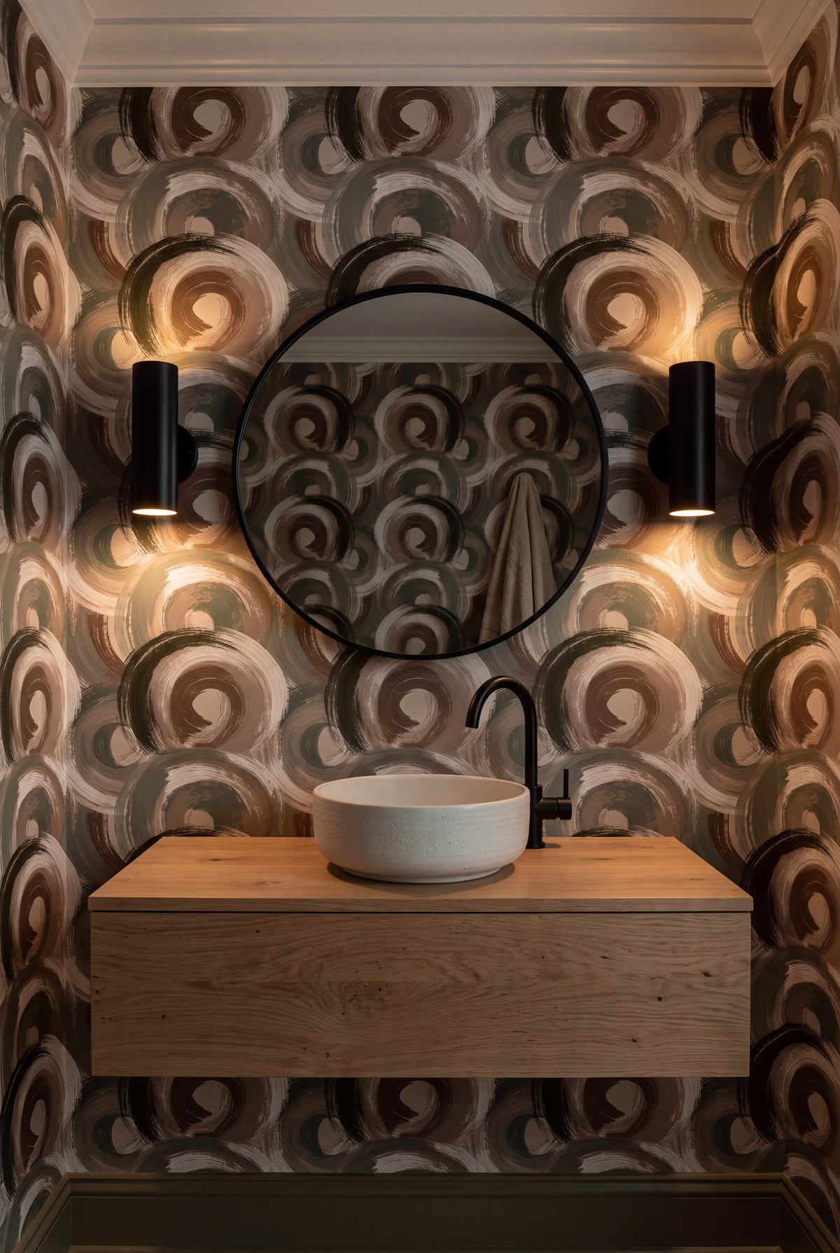 Russet Halo wallpaper shown in a powder room