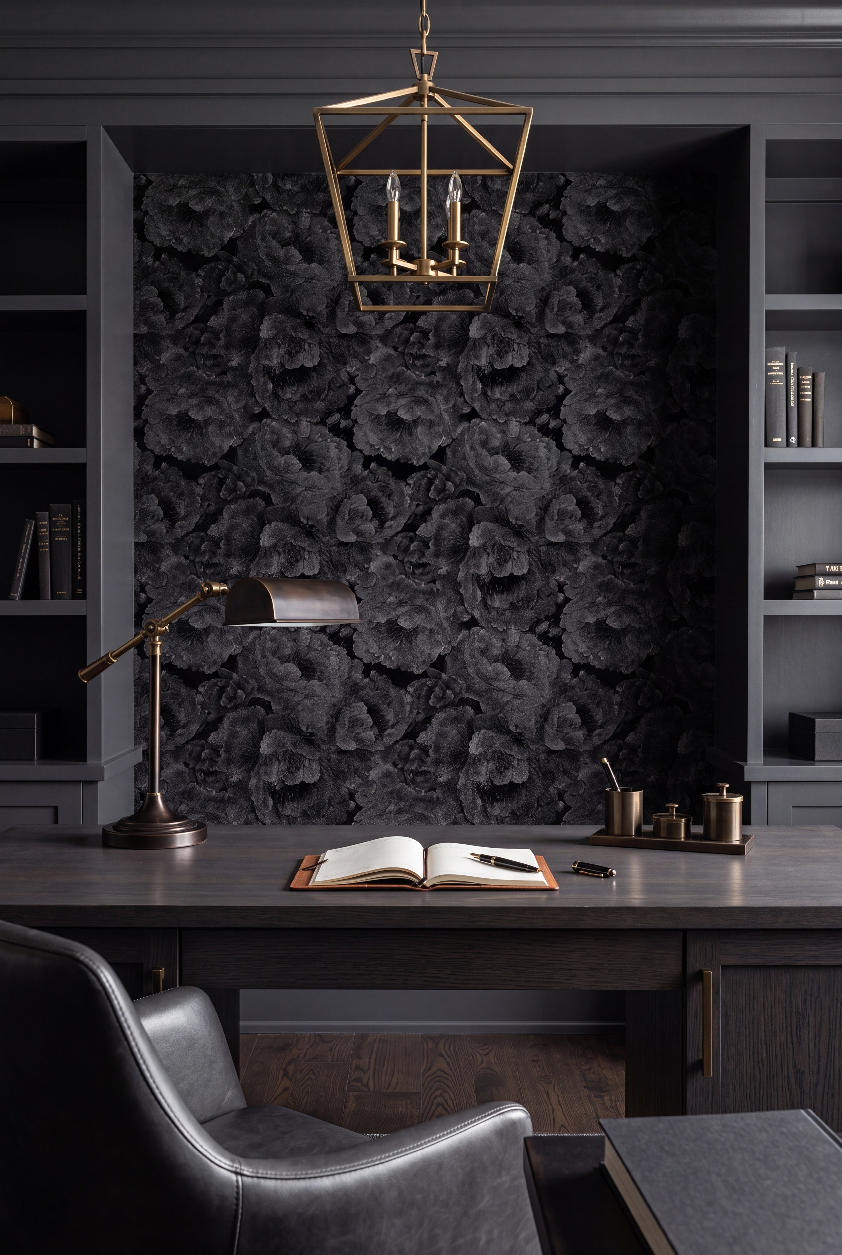 Peony Noir wallpaper shown in a home office