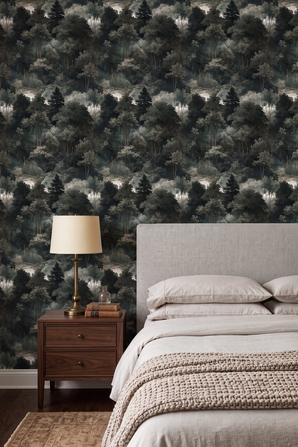 Verdant Veil wallpaper shown in a bedroom