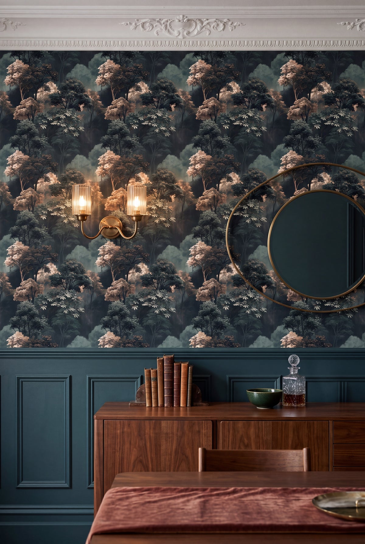 Twilight Canopy wallpaper shown in a dining room