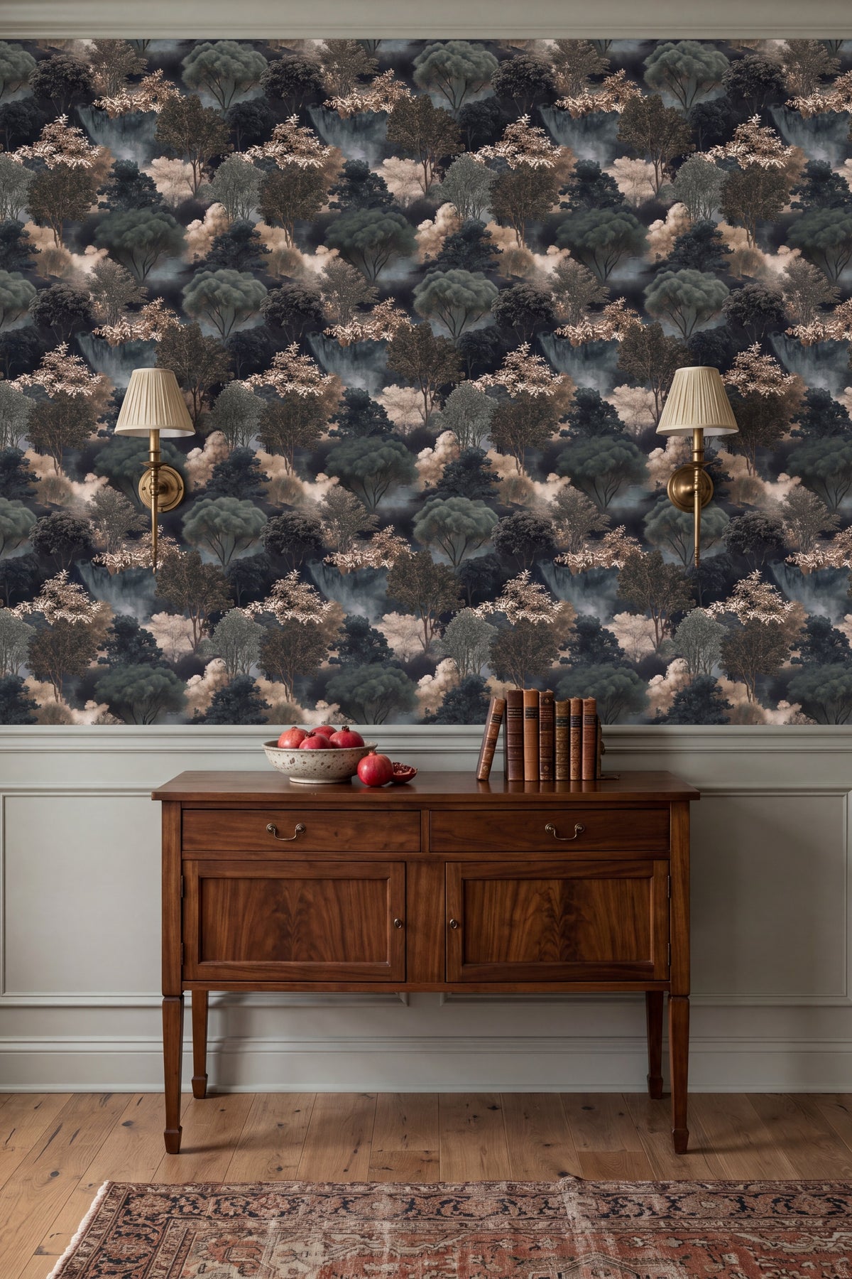 Silver Arbor wallpaper shown in a dining room