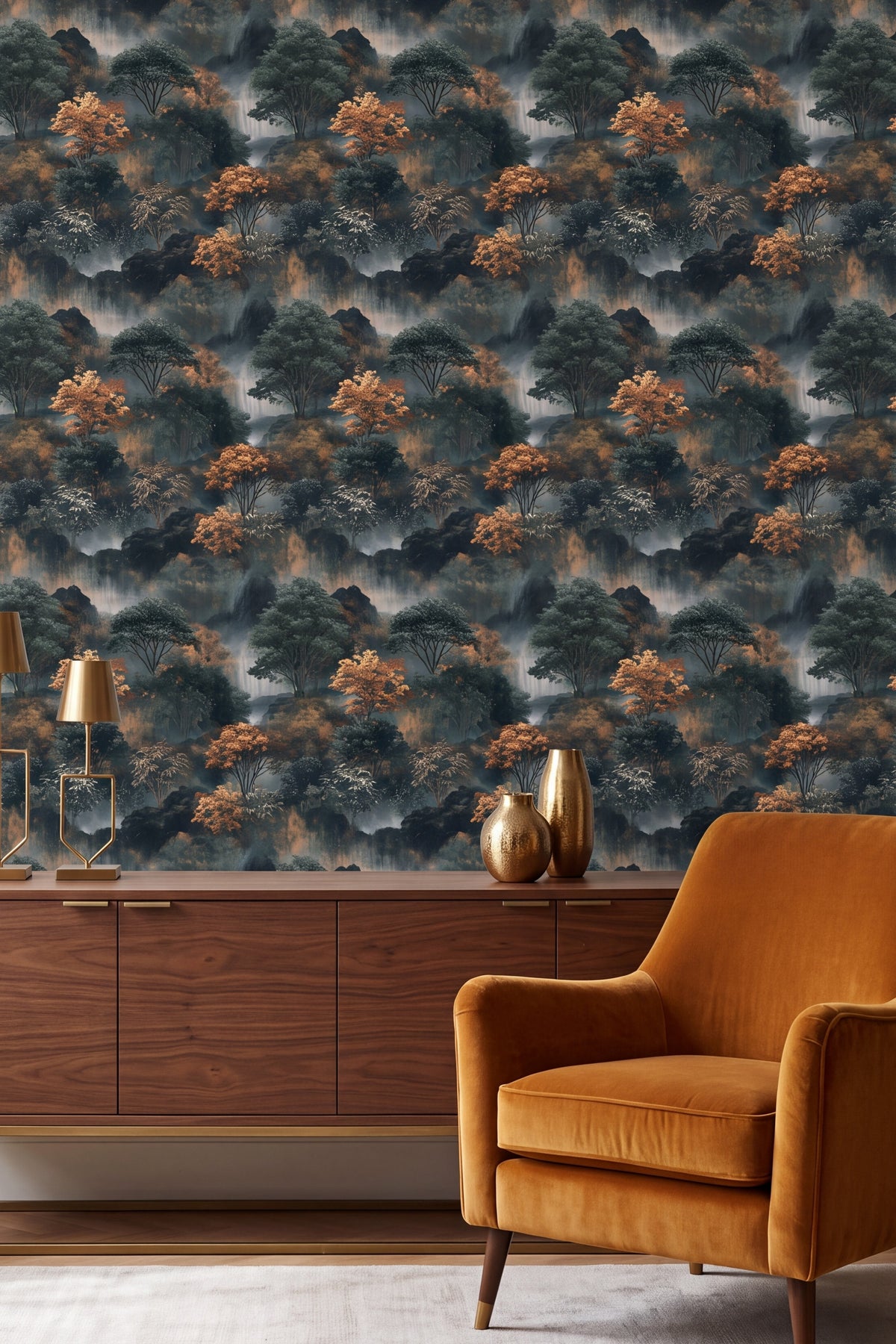 Amber Falls wallpaper shown in a living room