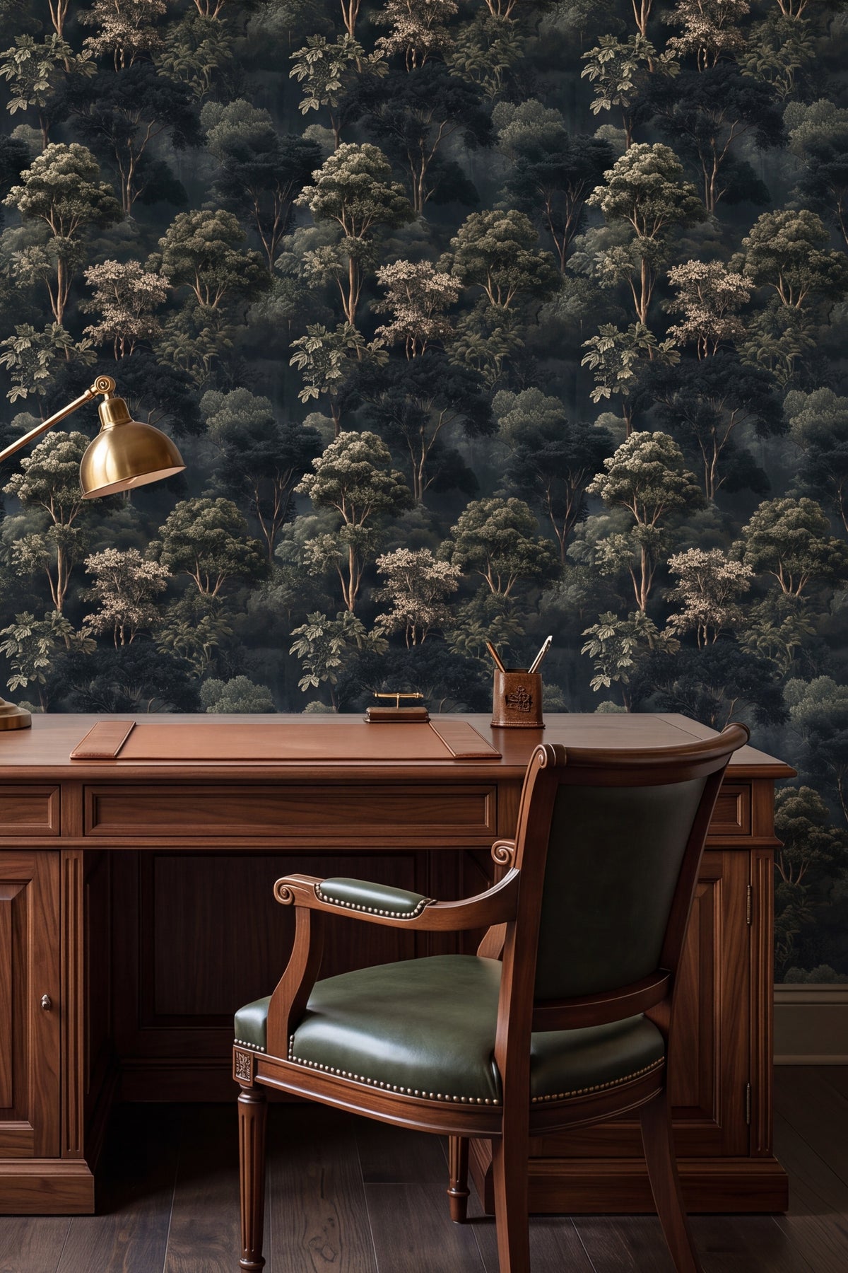 Grand Arboretum wallpaper shown in a home office
