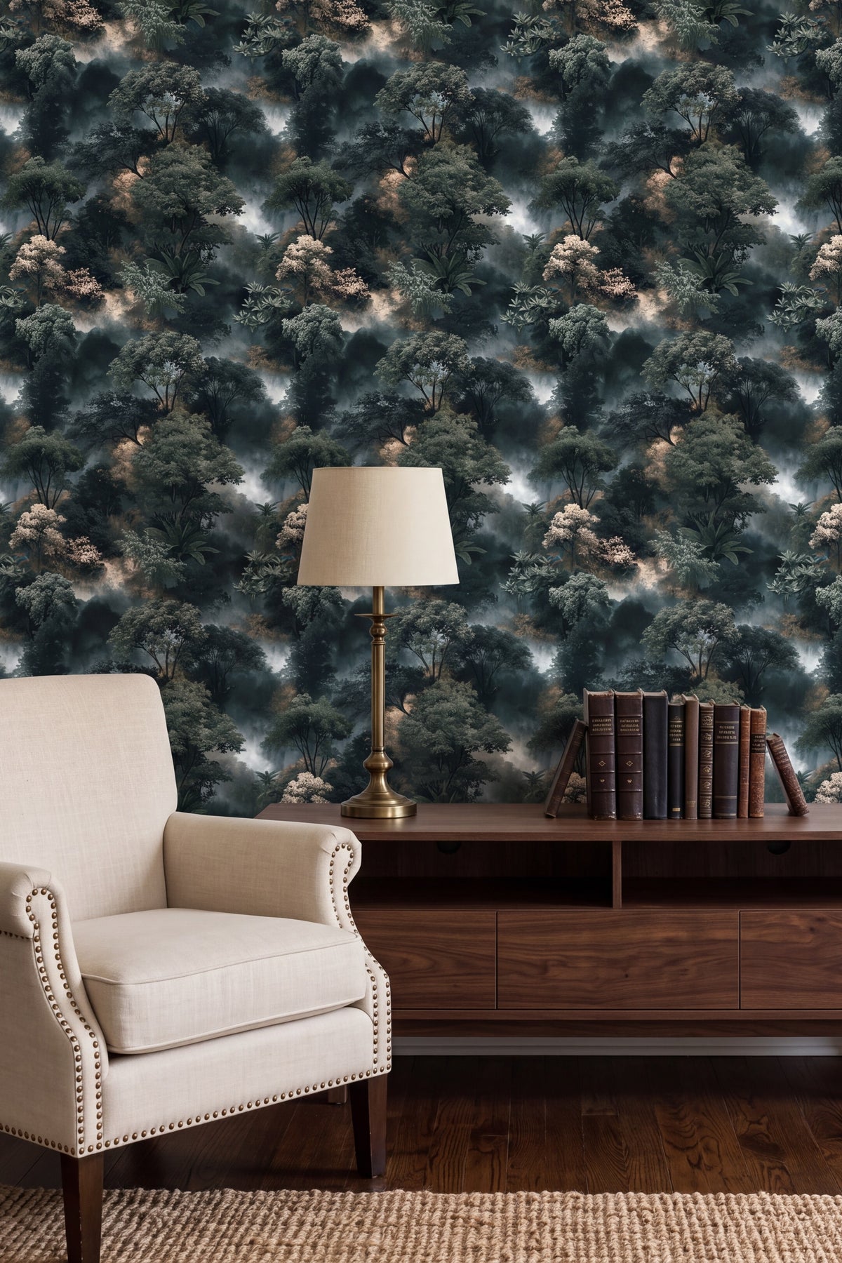 Cloud Forest wallpaper shown in a living room