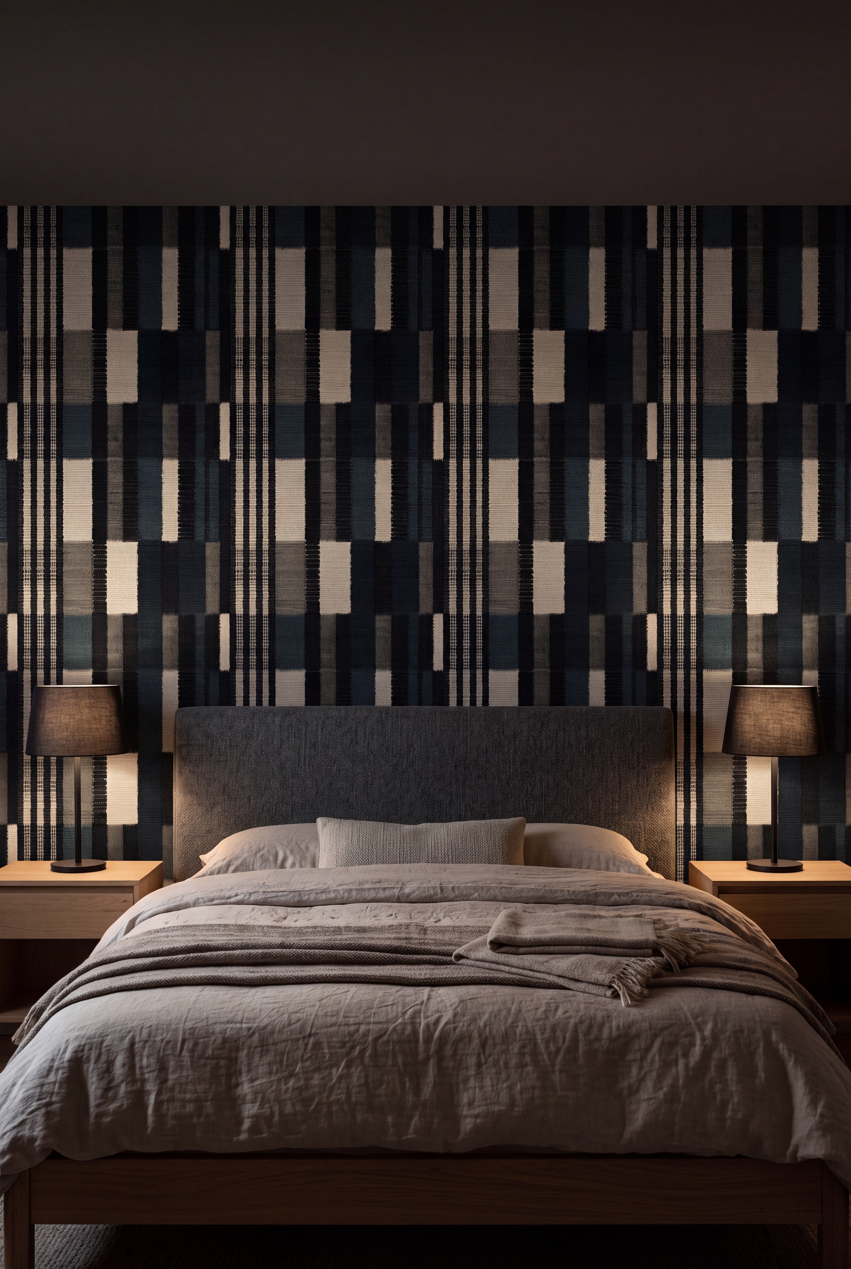 Cinder Stripe wallpaper shown in a bedroom