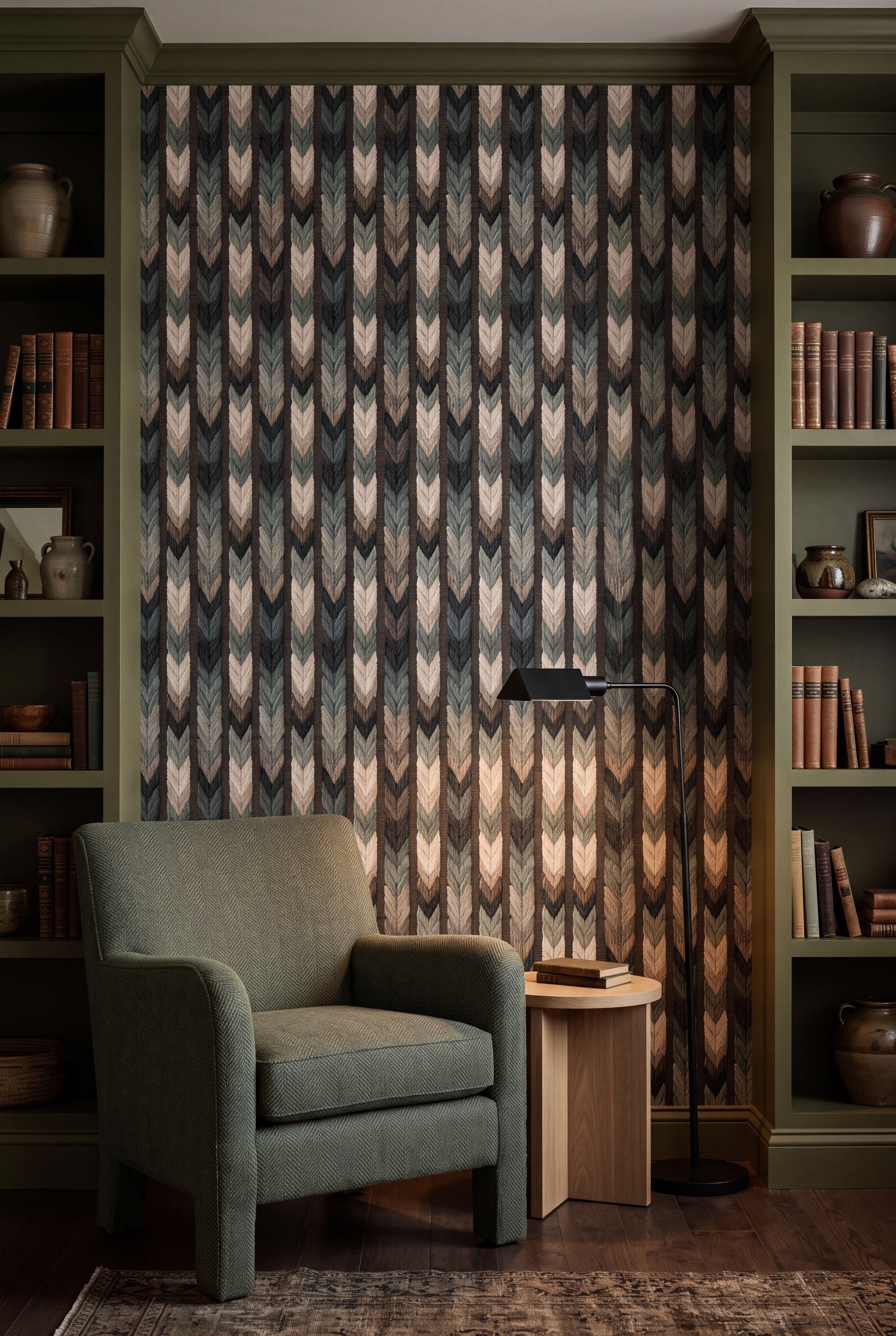 Fern Chevron wallpaper shown in a reading nook