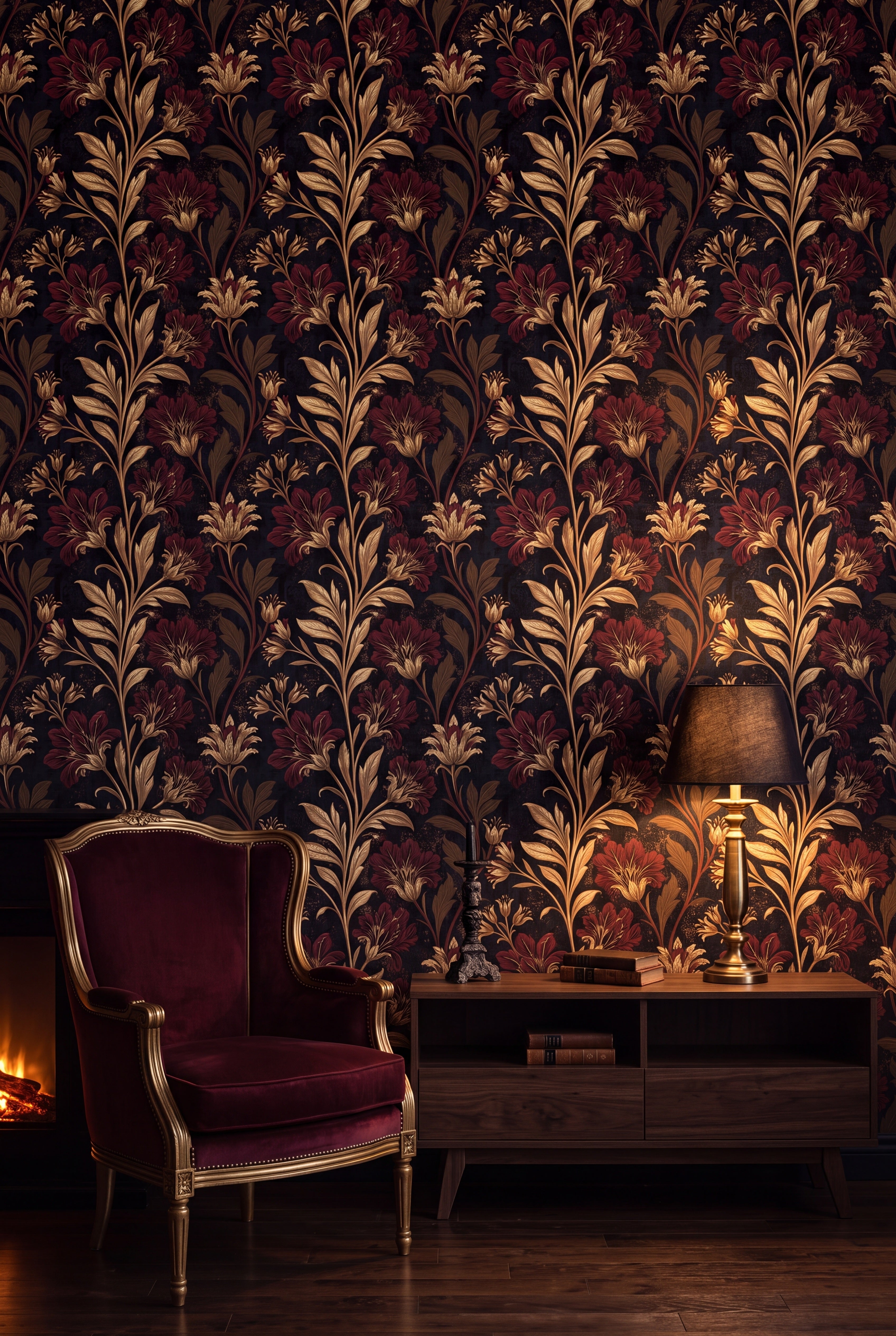 Copper Vespers wallpaper shown in a living room
