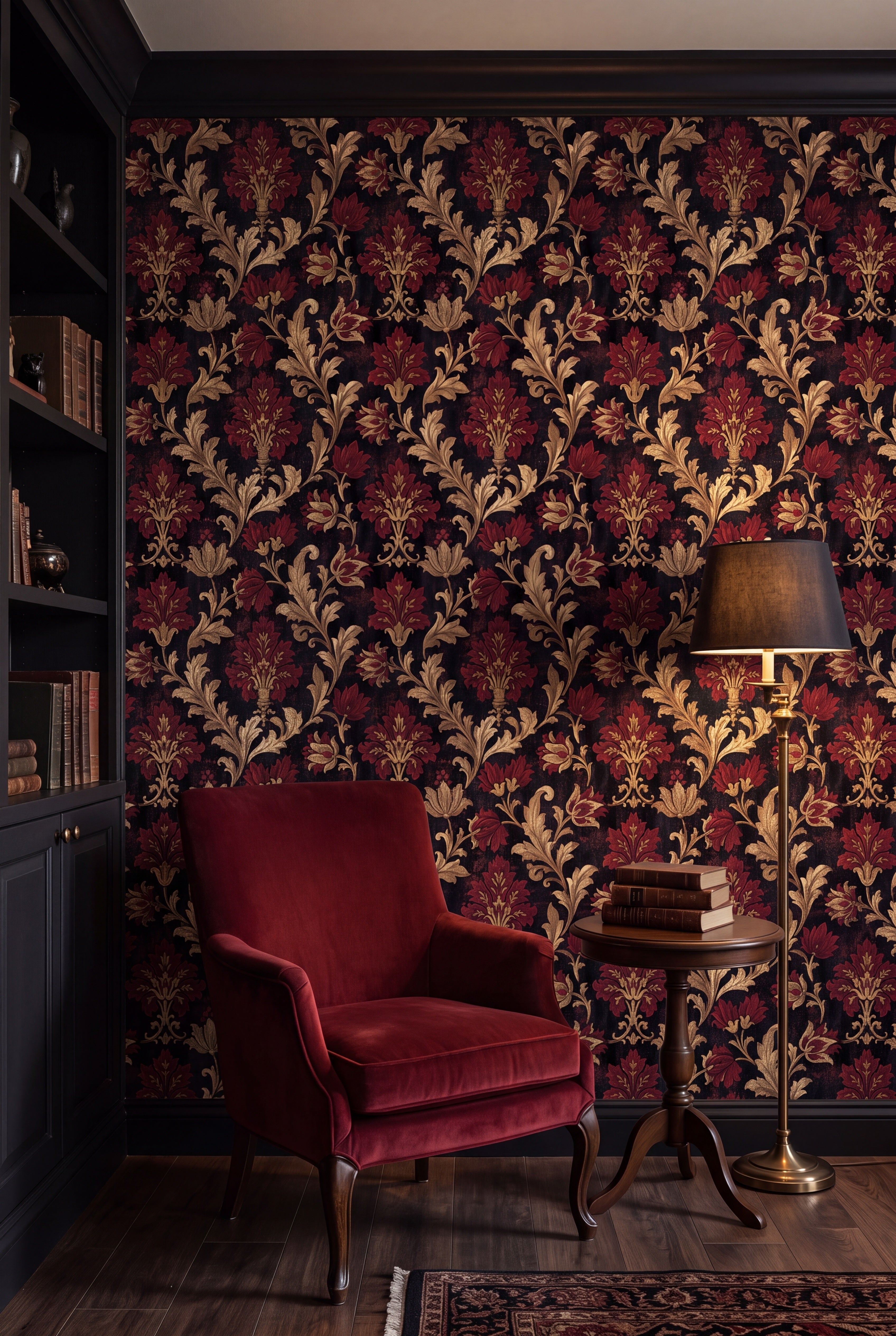 Crimson Reliquary wallpaper shown in a reading nook
