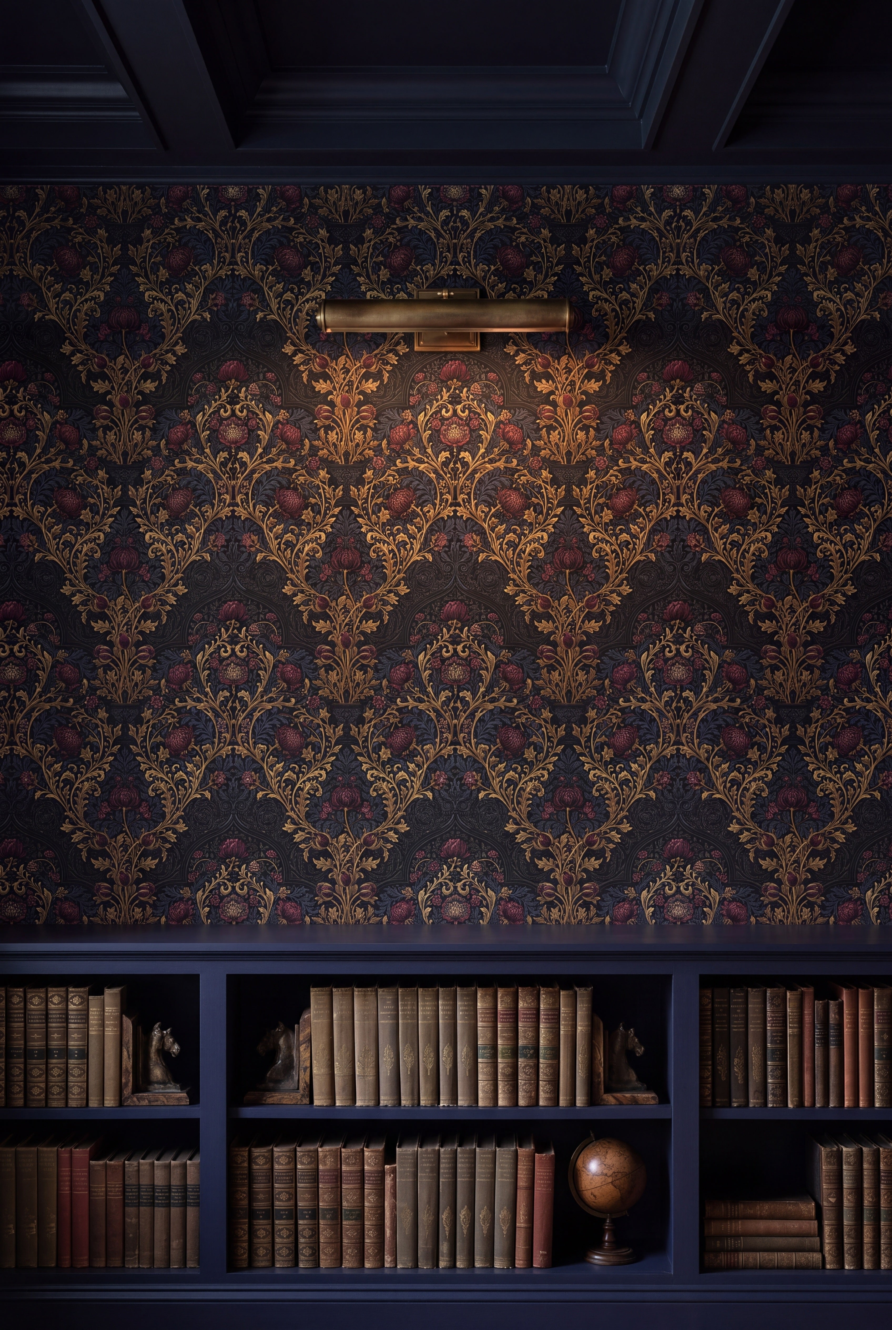 Abbey Gilt wallpaper shown in a library