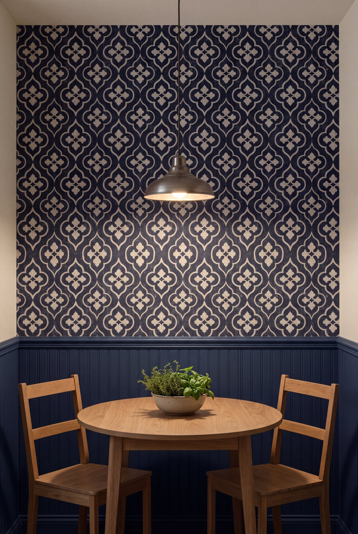 Linen Quatrefoil wallpaper shown in a kitchen breakfast nook